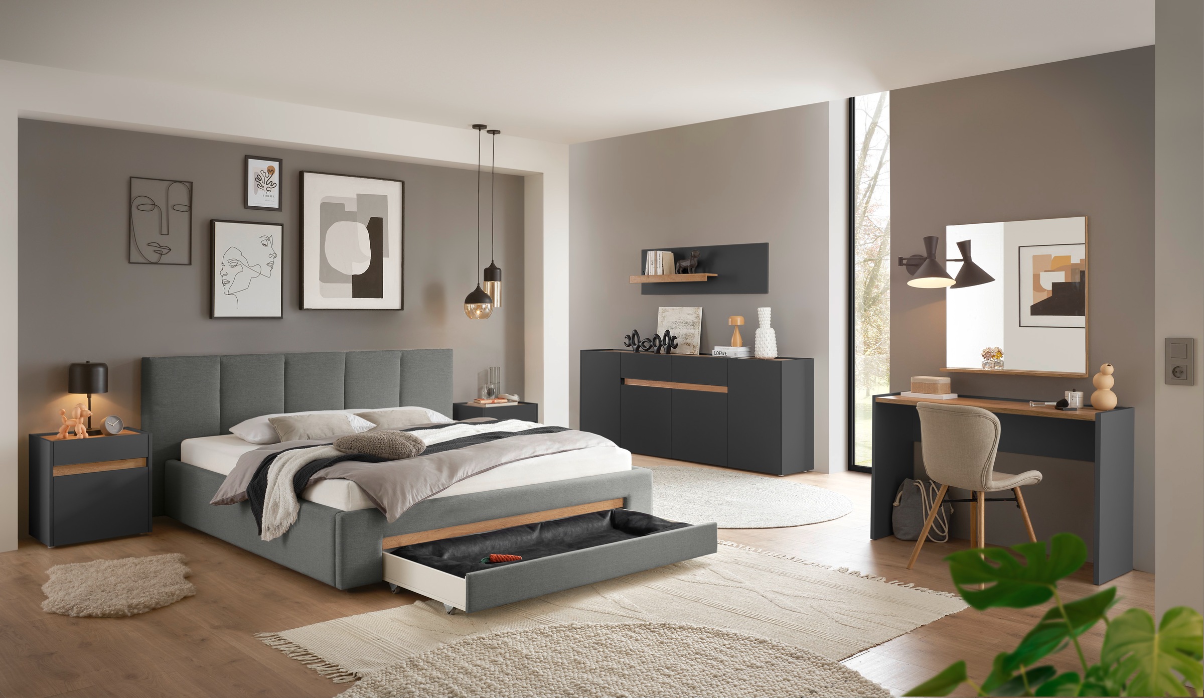 INOSIGN Polsterbett »CiTY/GiRON, Bettgestell mit Bettkasten, gepolstertes Stauraumbett«, mit Hundebett oder Stauraumschublade, Bezug Cord-oder Leinenoptik