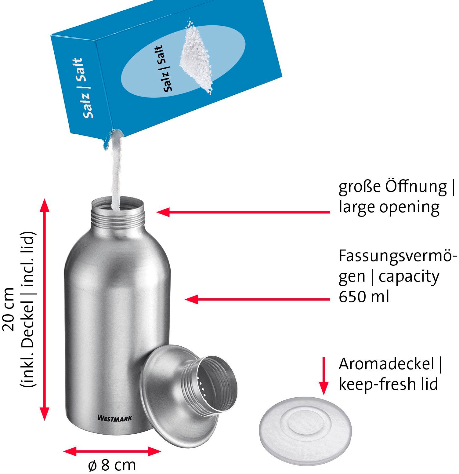 WESTMARK Salzstreuer »Omega«, aus Aluminium, mit Deckel, 650 ml