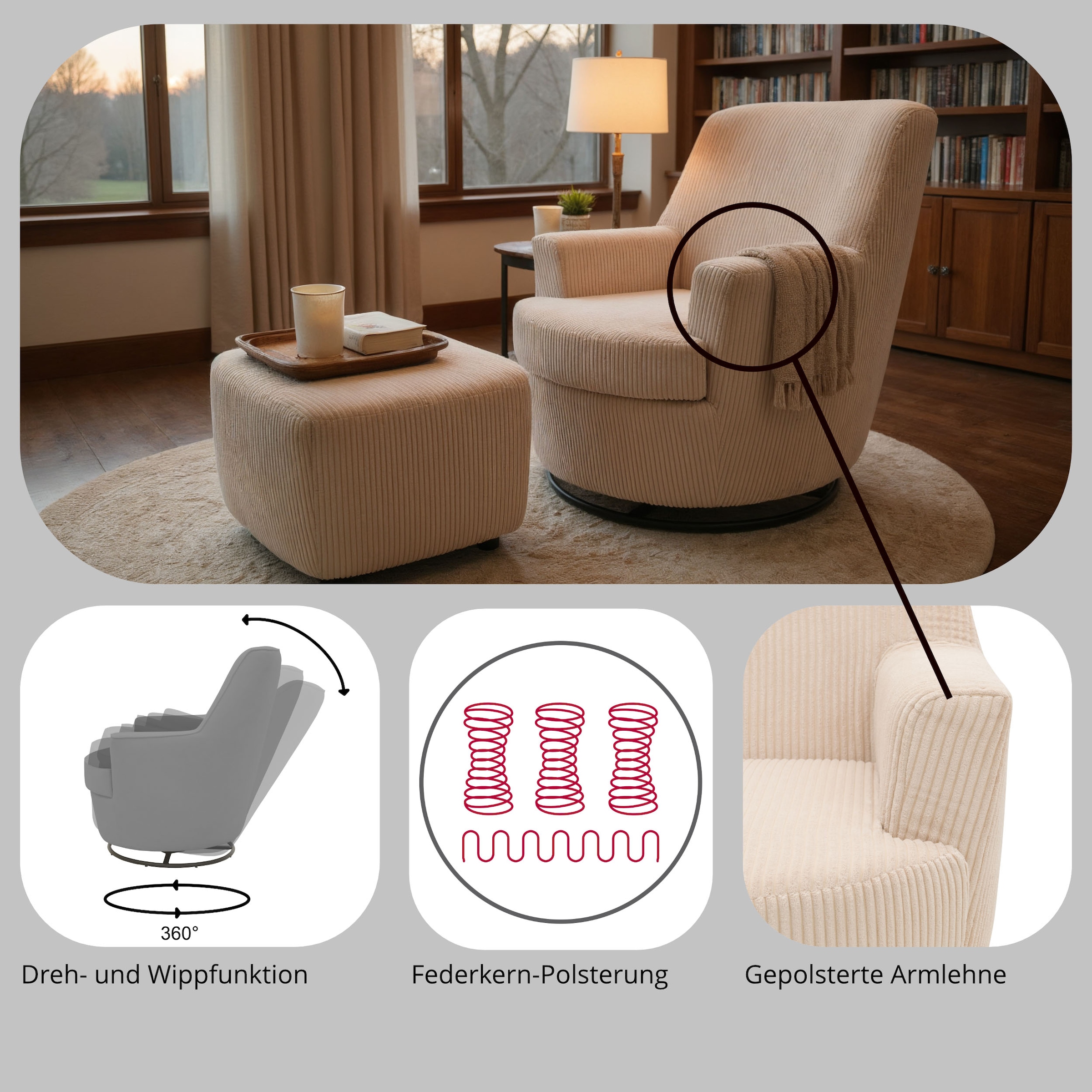 INOSIGN Drehsessel »HETTY, Drehsessel mit Wippfunktion und Hocker; Lesesessel, Armsessel«, (Set, 2 St.), mit Dreh/Wippfunktion, mit Federkern, in Cord und Microfaser