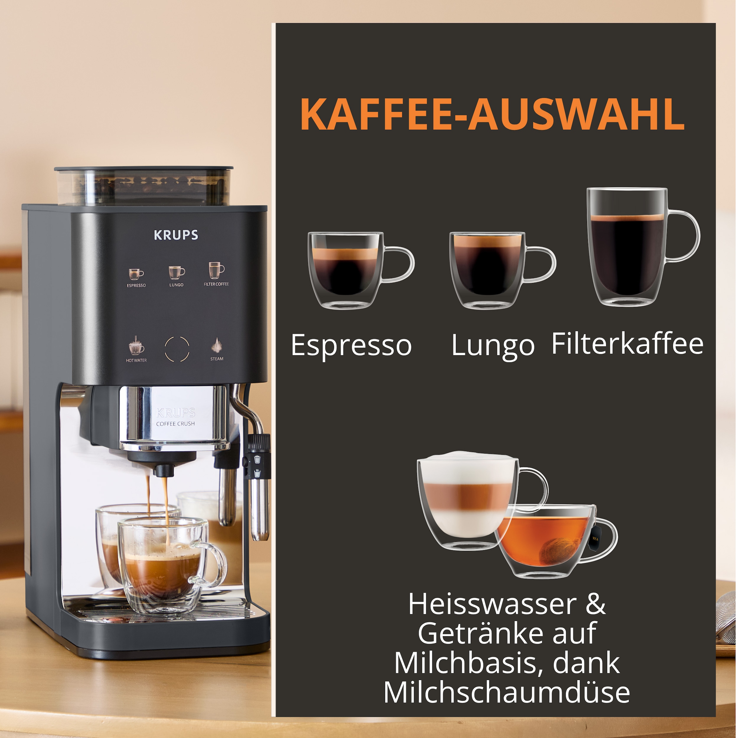 Krups Kaffeevollautomat »SA404B Coffee Crush Extra Milk« kompakt, gemahlenen oder vorgemahlenen Kaffee, intuitives Bedienfeld