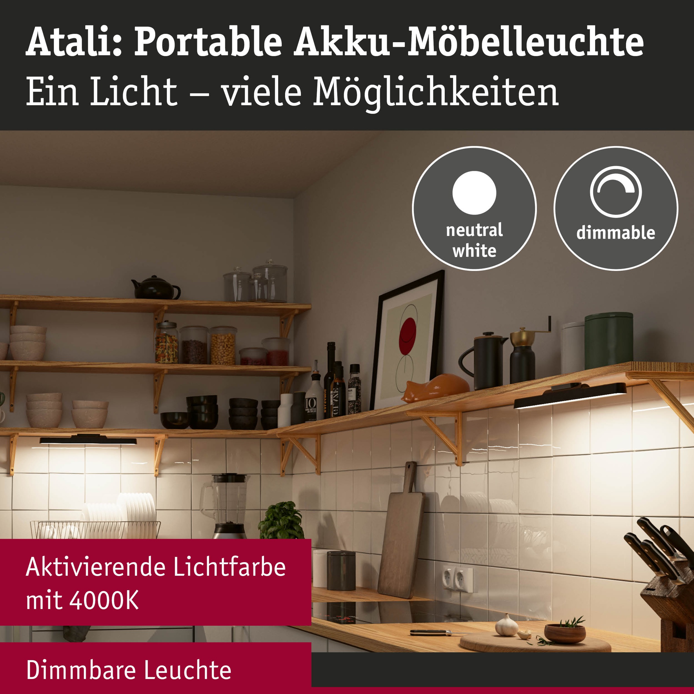 Paulmann Einbauleuchte »Mobile Möbelaufbauleuchte Atali 240lm 4000K«, 1 flammig, Leuchtmittel LED-Modul | LED fest integriert, Dimmer, Ein-/Ausschalter, USB-Ladefunktion