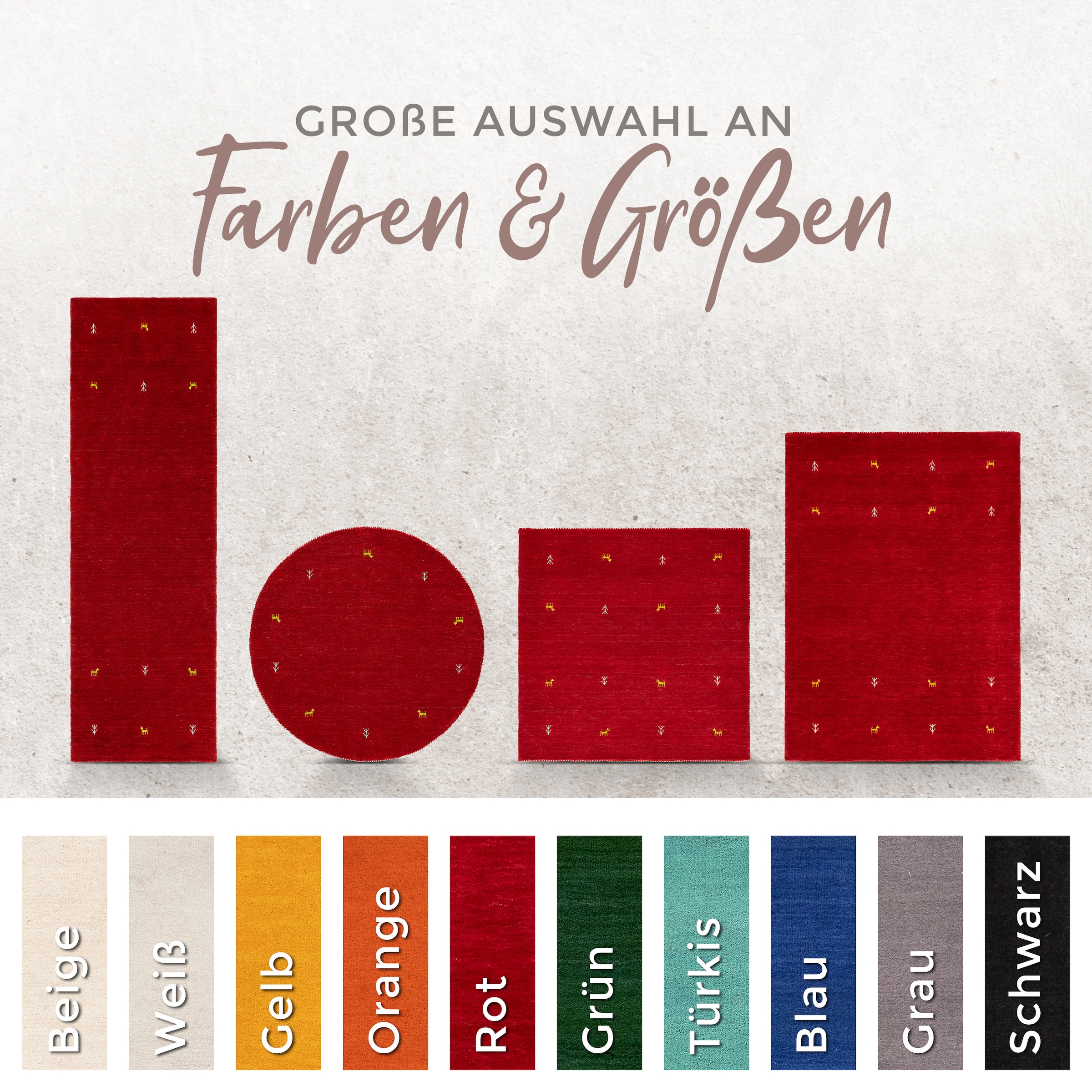 carpetfine Wollteppich »Gabbeh-Uni« quadratisch 15 mm Höhe reine Wolle, handgewebt, Gabbeh Loom Tiermotiv, Sonderform Quadrat