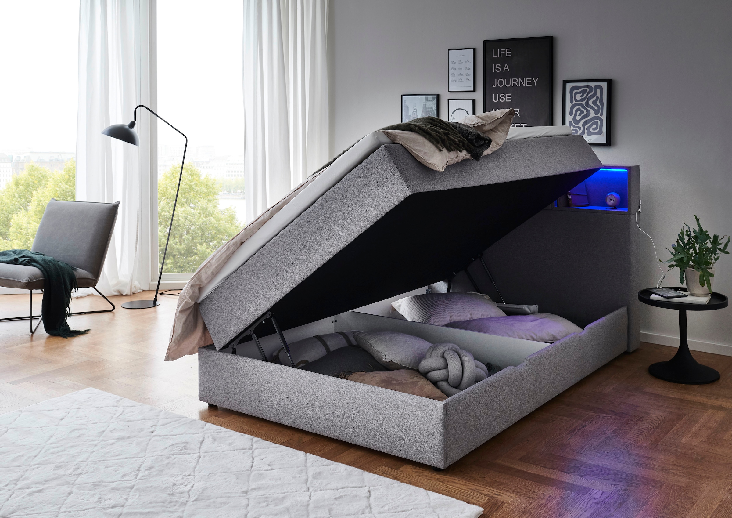 meise.möbel Boxspringbett »Caja mit Bettkasten und Topper«, mit LED ausgestattetes Ablagefach im Kopfteil