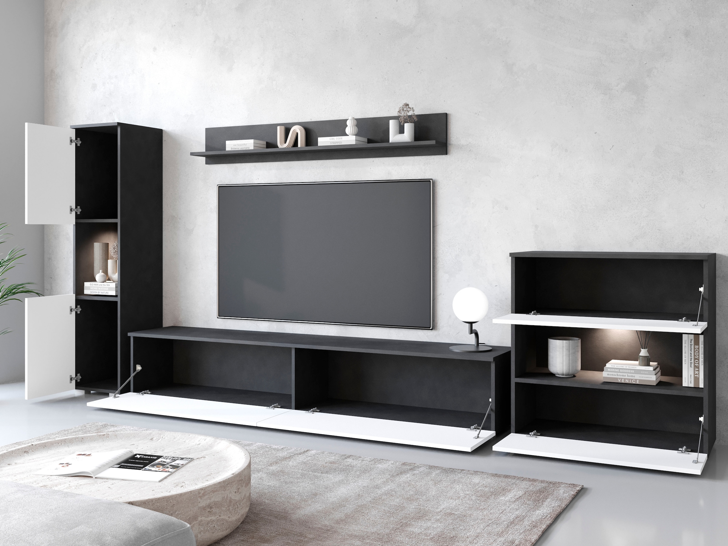 INOSIGN Wohnwand »PARIS«, (Komplett-Set, 4 St.), TV-Wand 300cm breite, grifflose Design, stehend und hängend montierbar