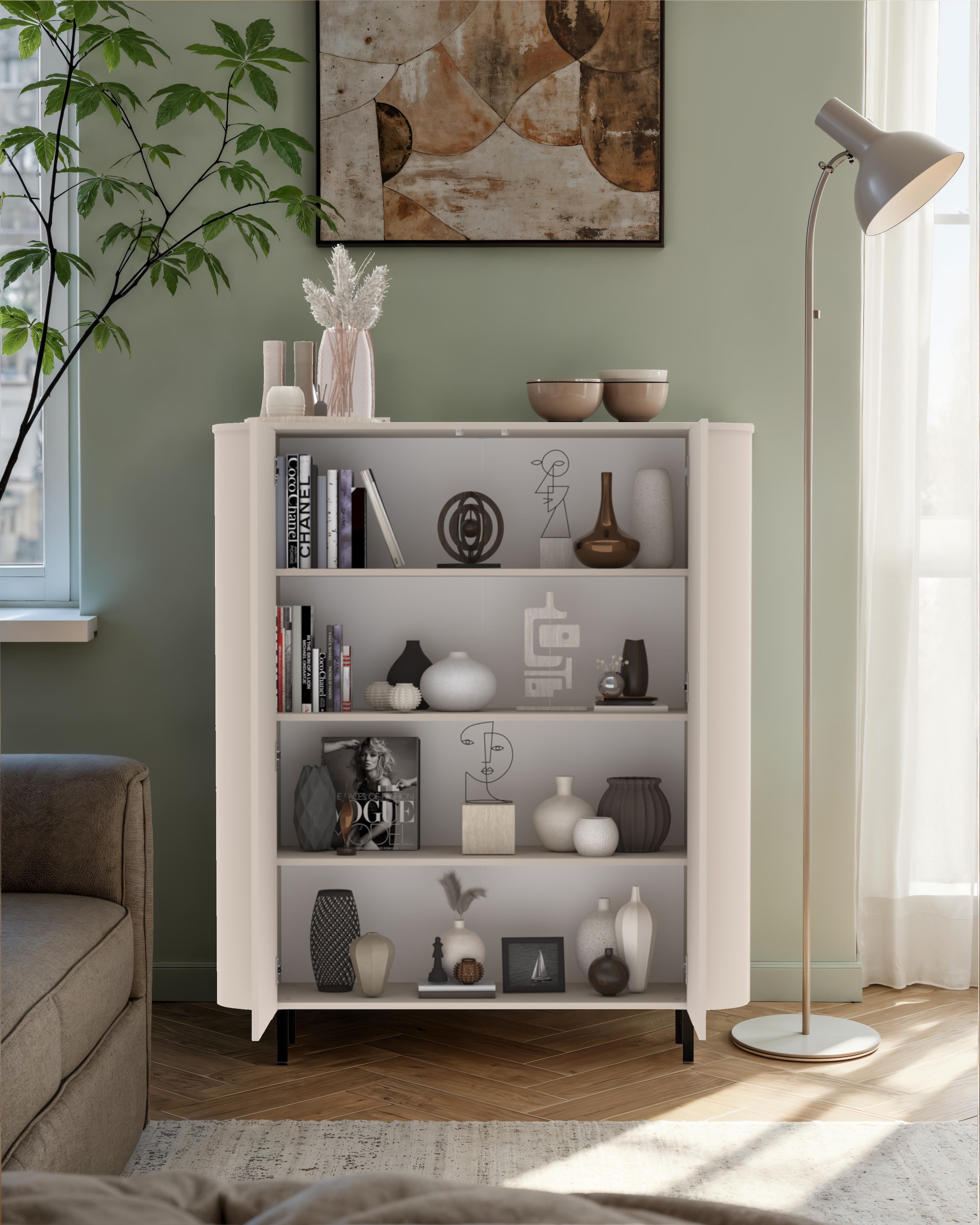 INOSIGN Highboard »Lido, B/H 131/154 cm, 2 Türen, Stauraumschrank, Hochkommode« Formgebogenes MDF, Stirnseiten mit Rundung, Push-to-open, Metallfüße