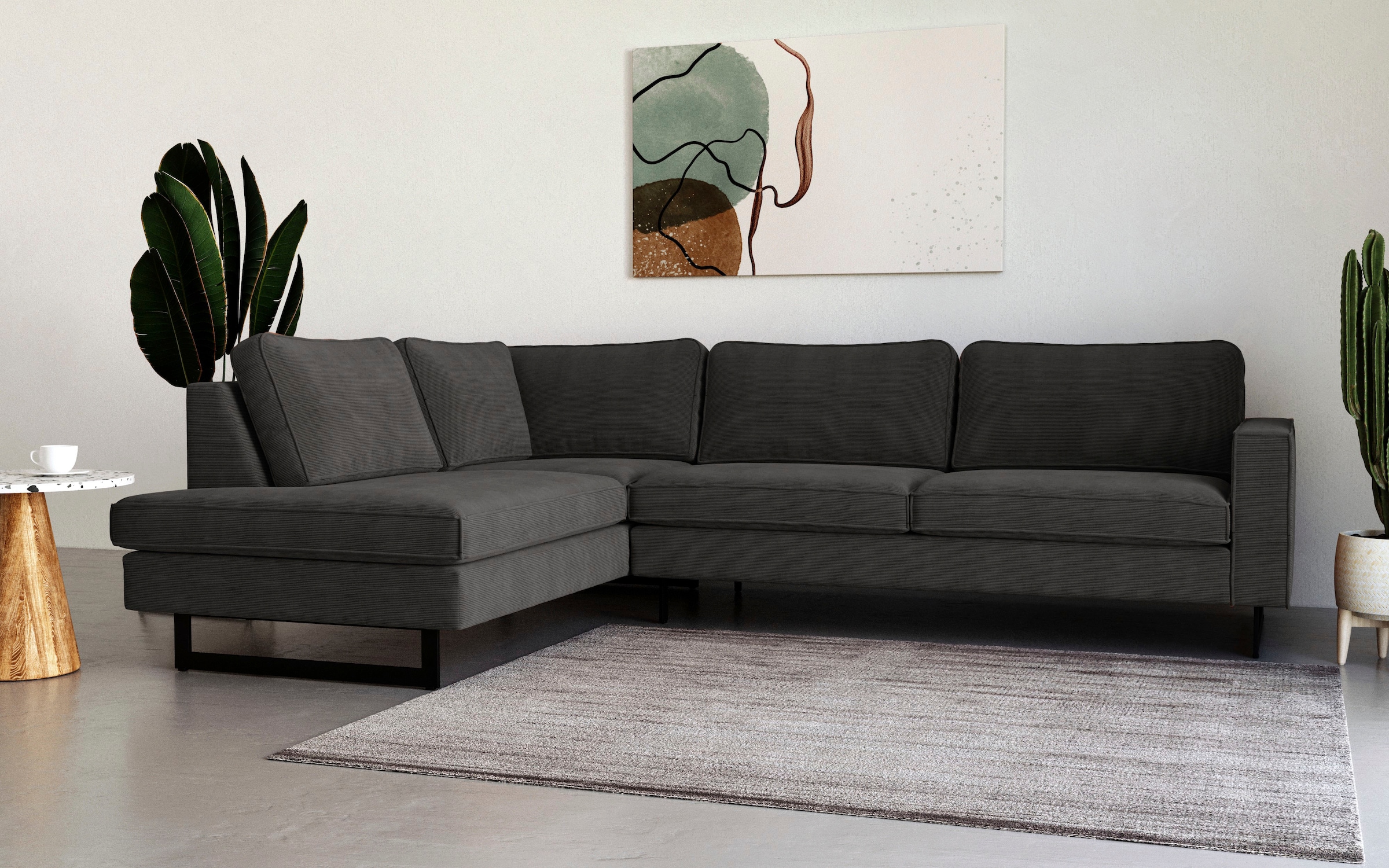 Places of Style Ecksofa »Pinto, 290 cm, Cord, Chenille, Lederoptik, Ottomane links / rechts«, mit Keder, schwarze Metallfüße, Wellenunterfederung