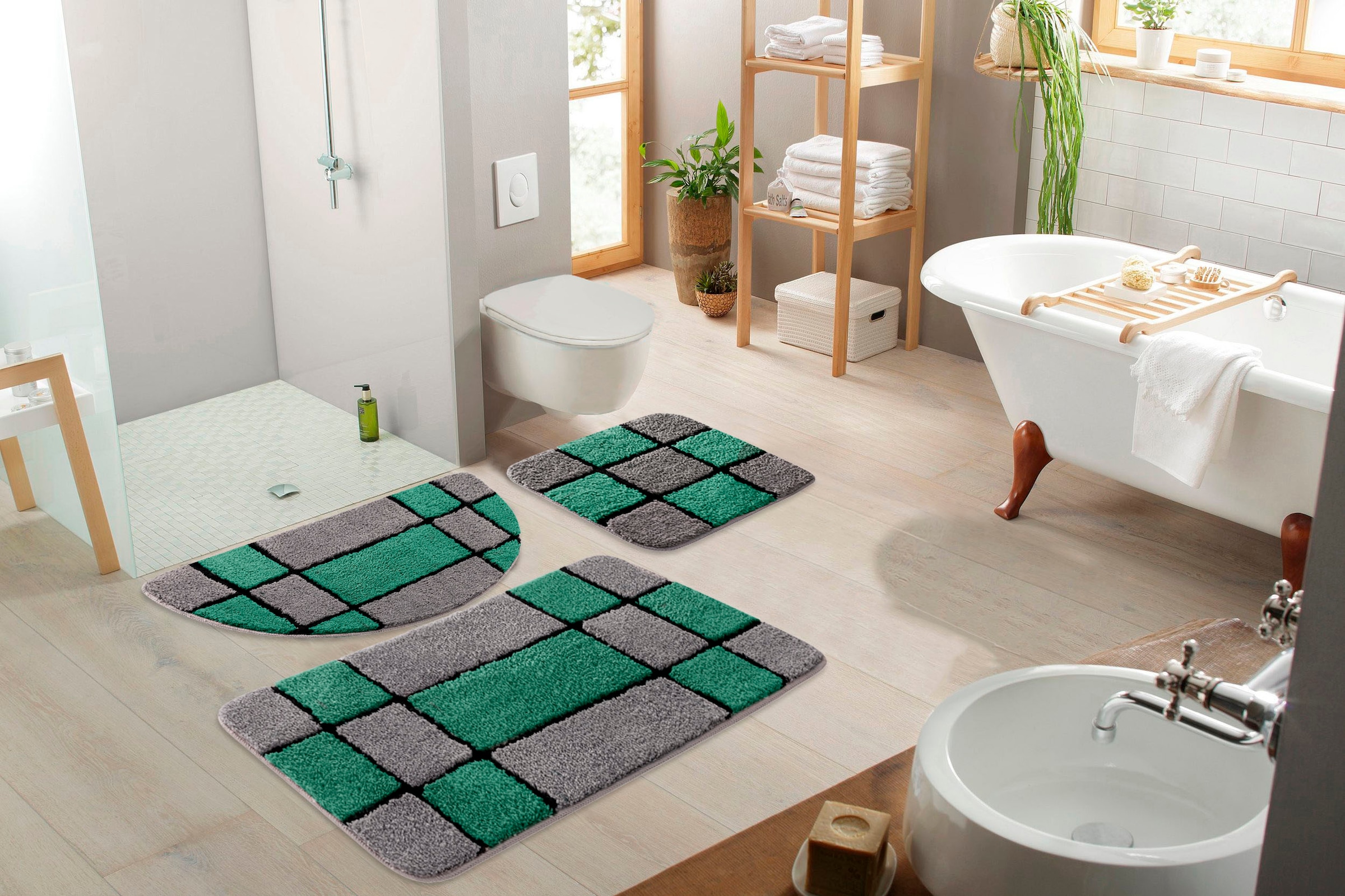 my home Badematte »Melli«, rutschhemmend beschichtet, fußbodenheizungsgeeignet, Badteppich, mit Muster, karierte Badematte