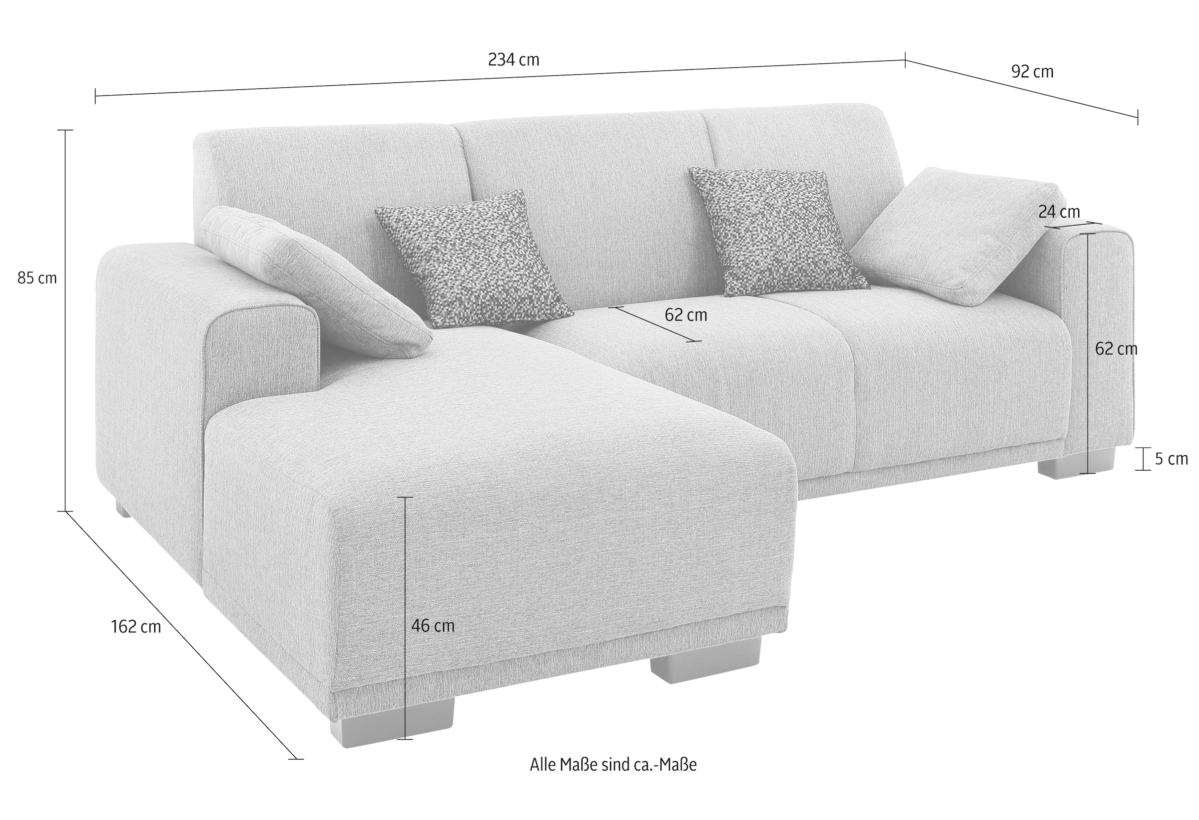 Home affaire Ecksofa »BORNHOLM L-Form mit Recamiere, Maße B/T/H: 234/162/85 cm«, Recamiere links oder rechts bestellbar, Wellenfederung, inkl. 2 Kissen
