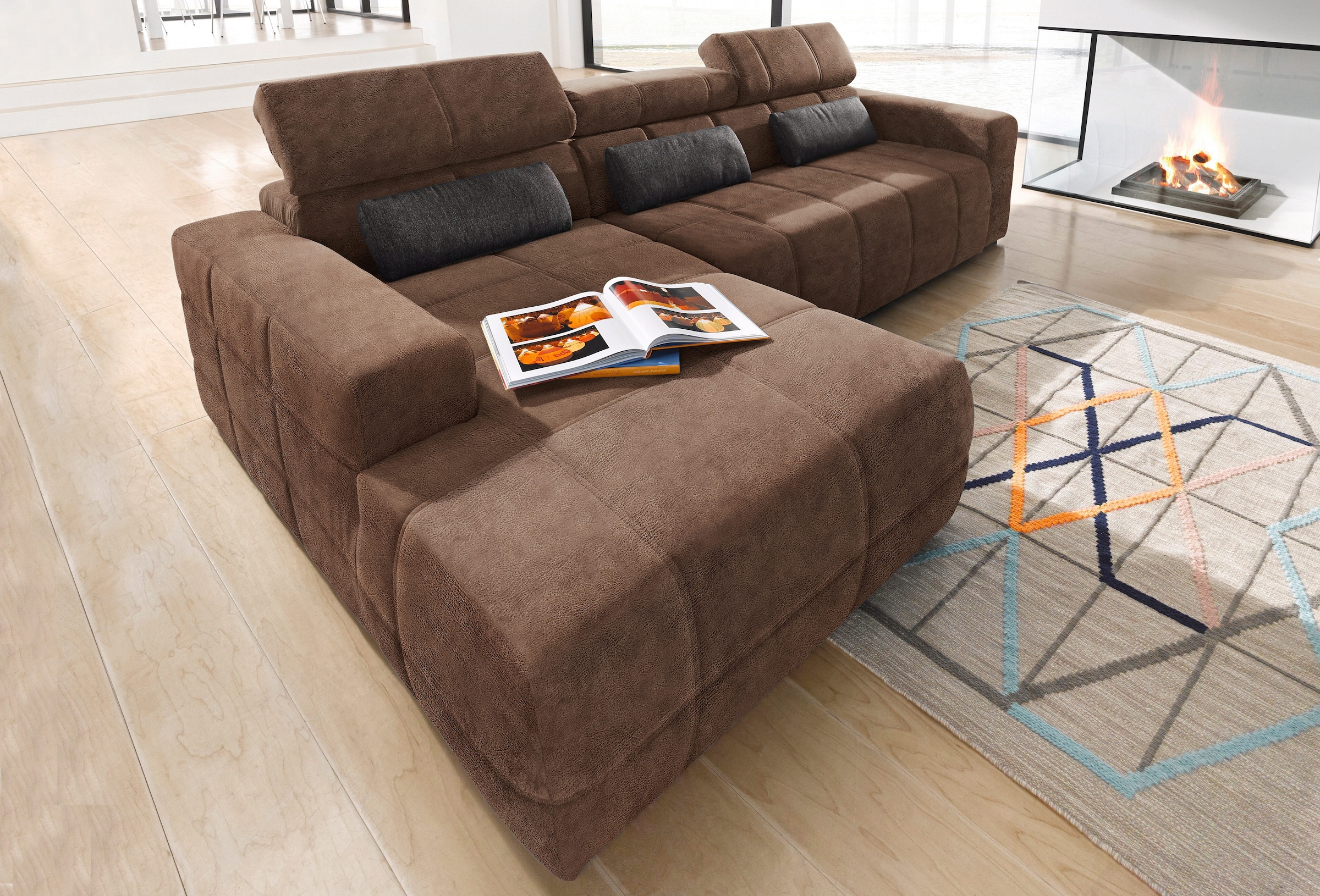 DOMO collection Ecksofa »Brandon B/T: 289/177 cm, belastbar bis 140kg/ Sitz, L-Form«, mit Sitztiefenverstellung, Luxus-Microfaser in Lederoptik, braun