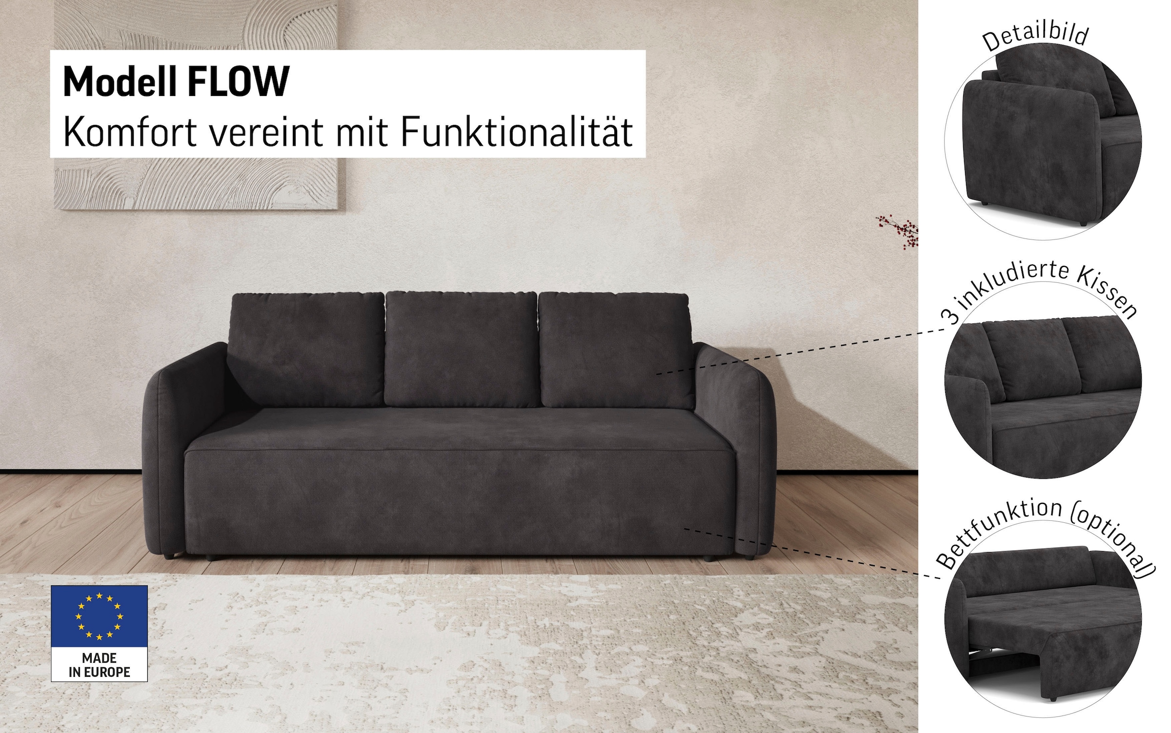 COTTA Big-Sofa »Megasofa, Flow, Breite 222 cm« wahlweise mit Bettfunktion