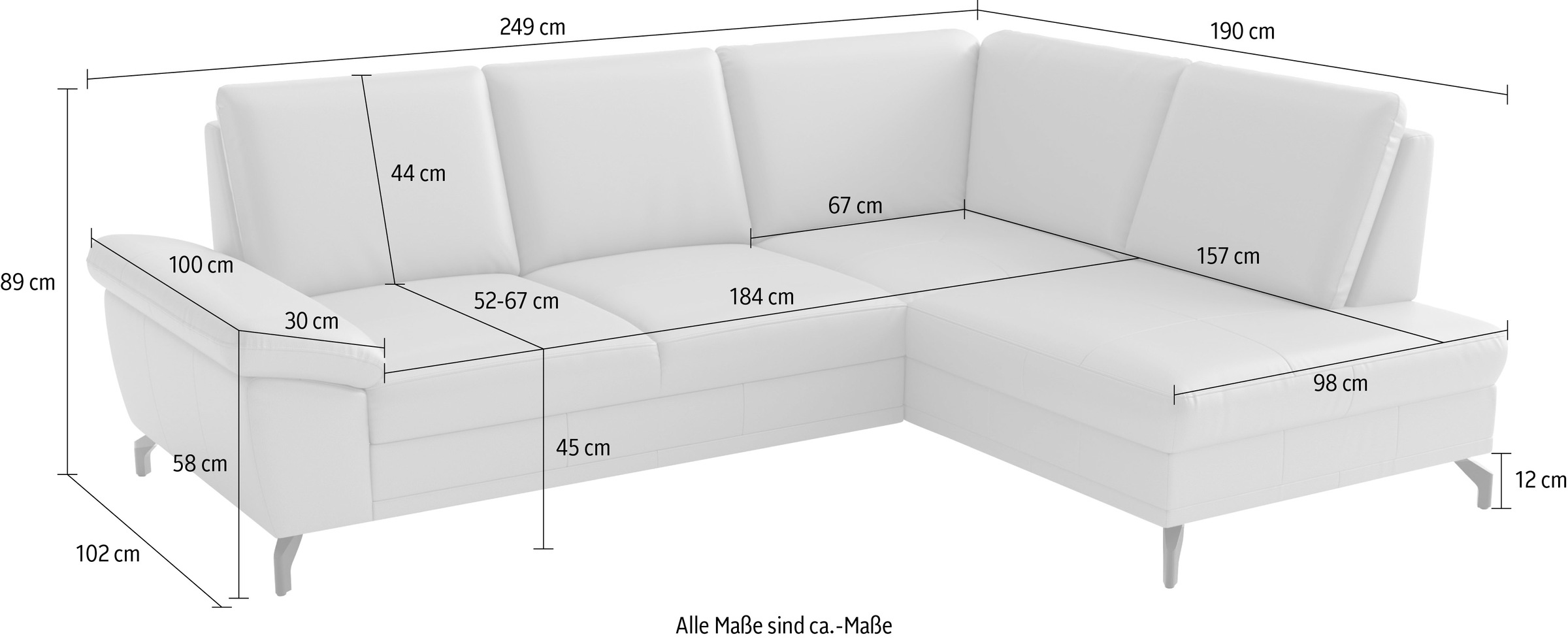 sit&more Ecksofa »Chelsea Leder L-Form, B:249 cm, inkl. Armteil- & Sitztiefenverstellung« optional mit Bettfunktion und Bettkasten
