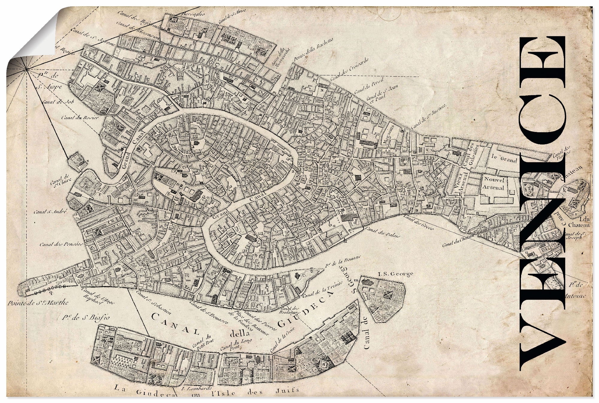 Artland Wandbild »Venedig Karte Straßen Karte Grunge«, Italien, (1 St.),  als Alubild, Leinwandbild, Wandaufkleber oder Poster in versch. Größen auf  Rechnung bestellen