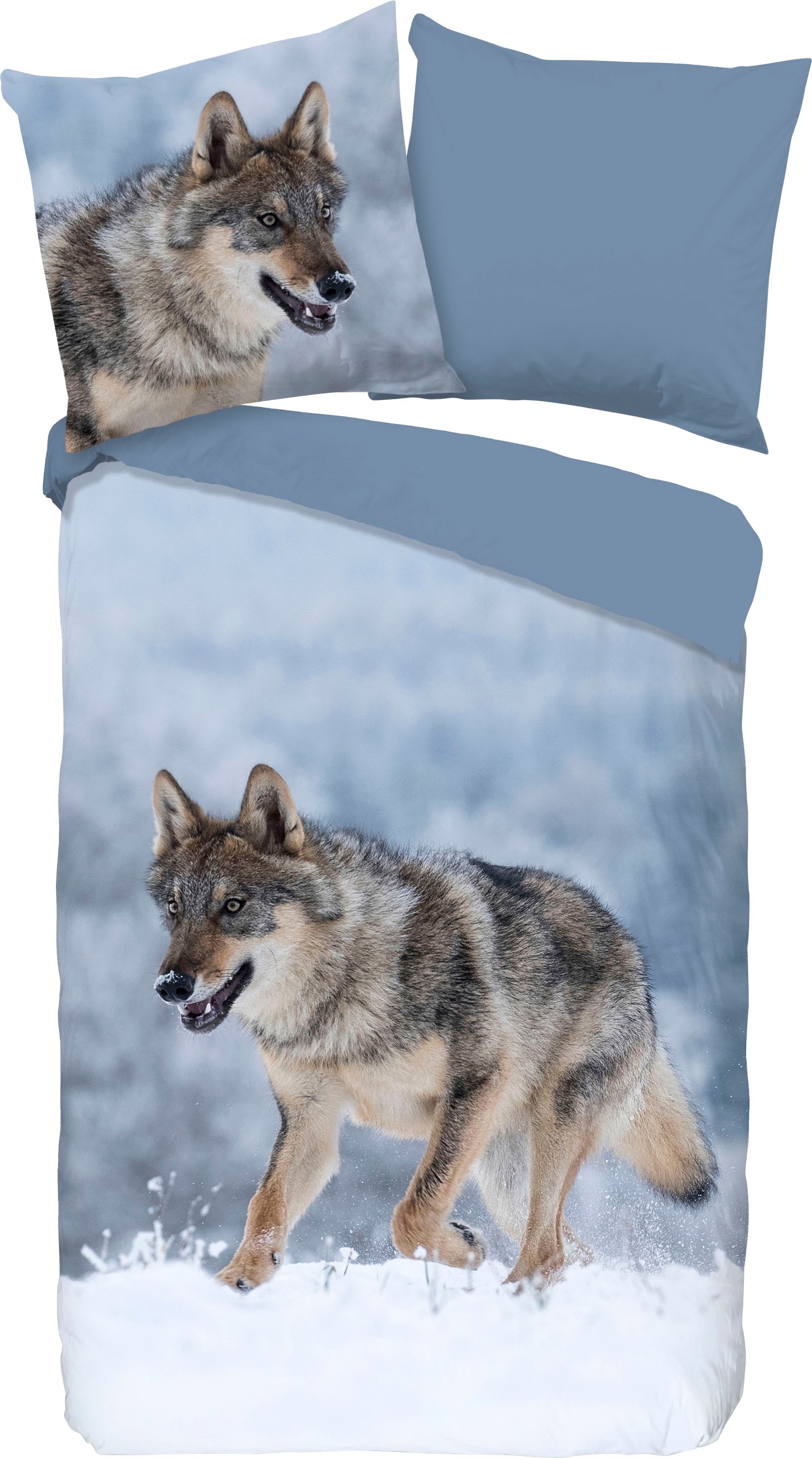 good morning Wendebettwäsche »Snow Wolf«, 100% Baumwolle, 200x200, 3 Teilig, Reißverschluss, Wendeoptik, Winter
