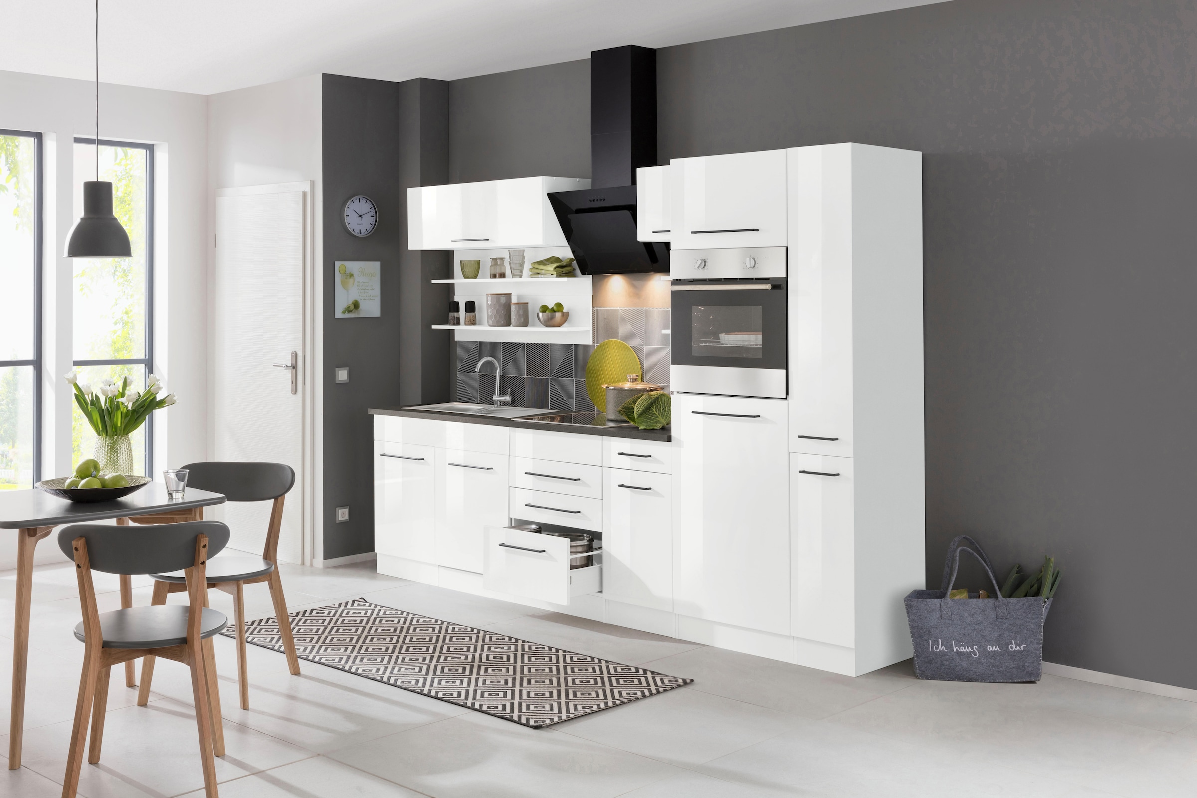 KOCHSTATION Küchenzeile »KS-Tulsa« ohne E-Geräte, Breite 300 cm, schwarze Metallgriffe, MDF Fronten