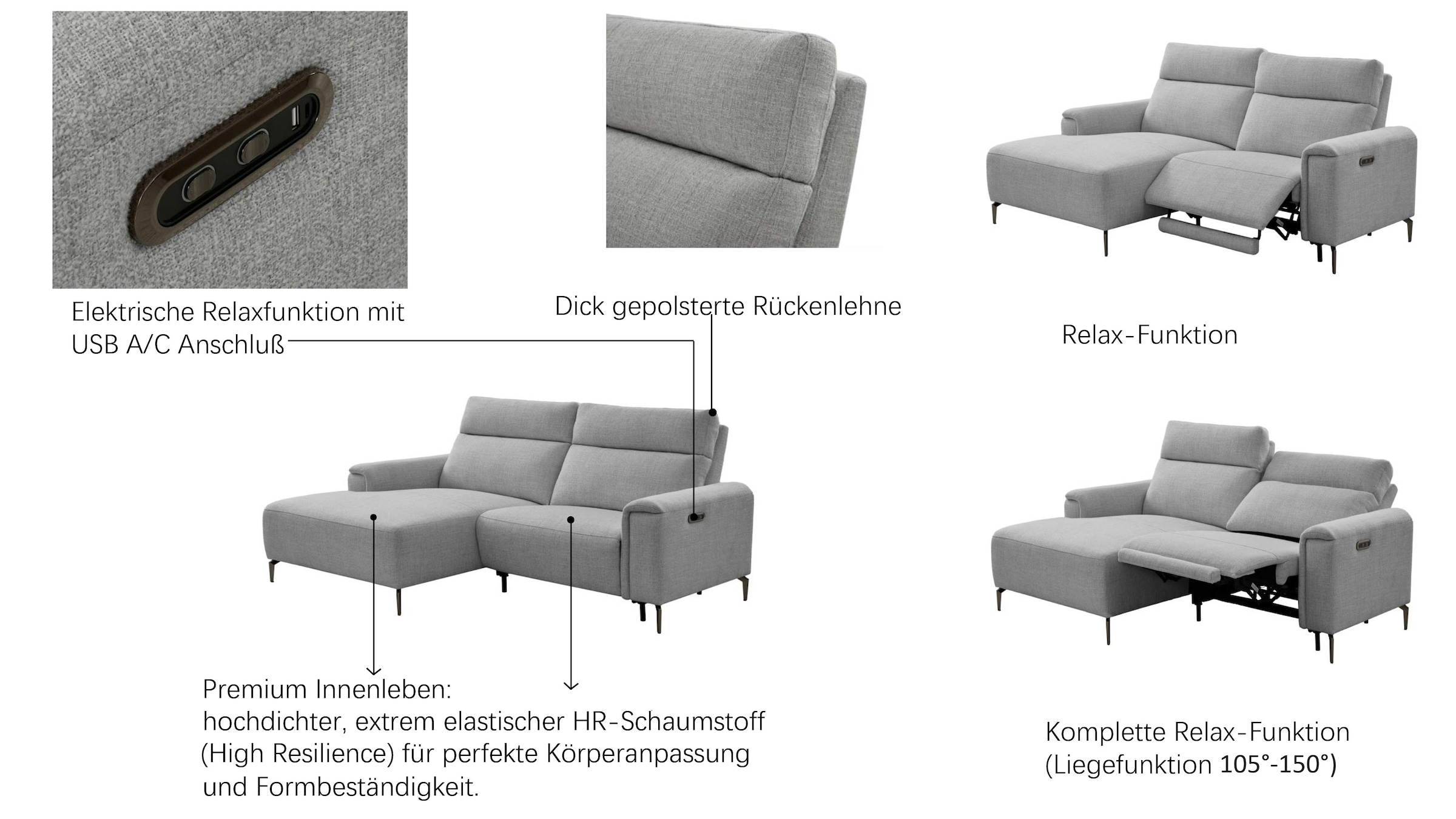 OTTO home Ecksofa »YELLIA L-Form,  227cm - elektrische Relaxfunktion« USB A/C, hoch elastischer Schaumstoff (HR) im Sitz, Webstoff