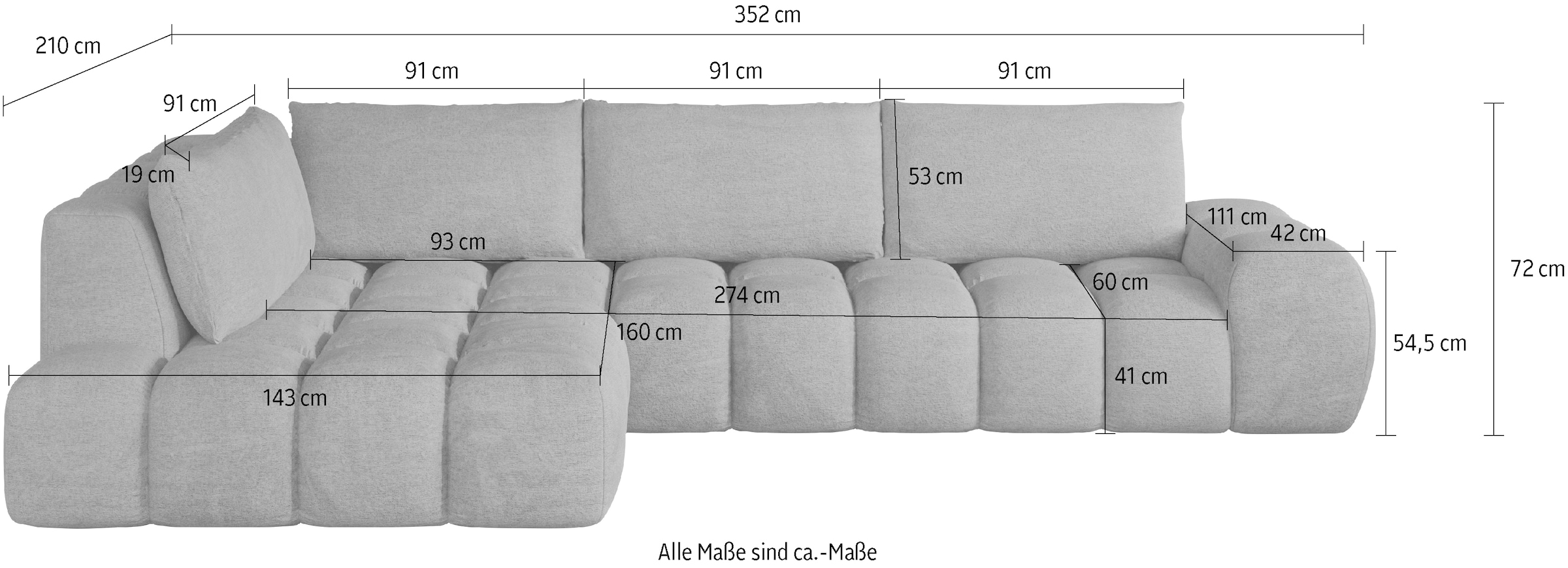 INOSIGN Ecksofa »AZITA Designsofa, elegant und bequem L-Form, Bubble-Optik«, lose Rückenkissen, traumhafte Steppung, Maße B/T/H: 352/210/72 cm