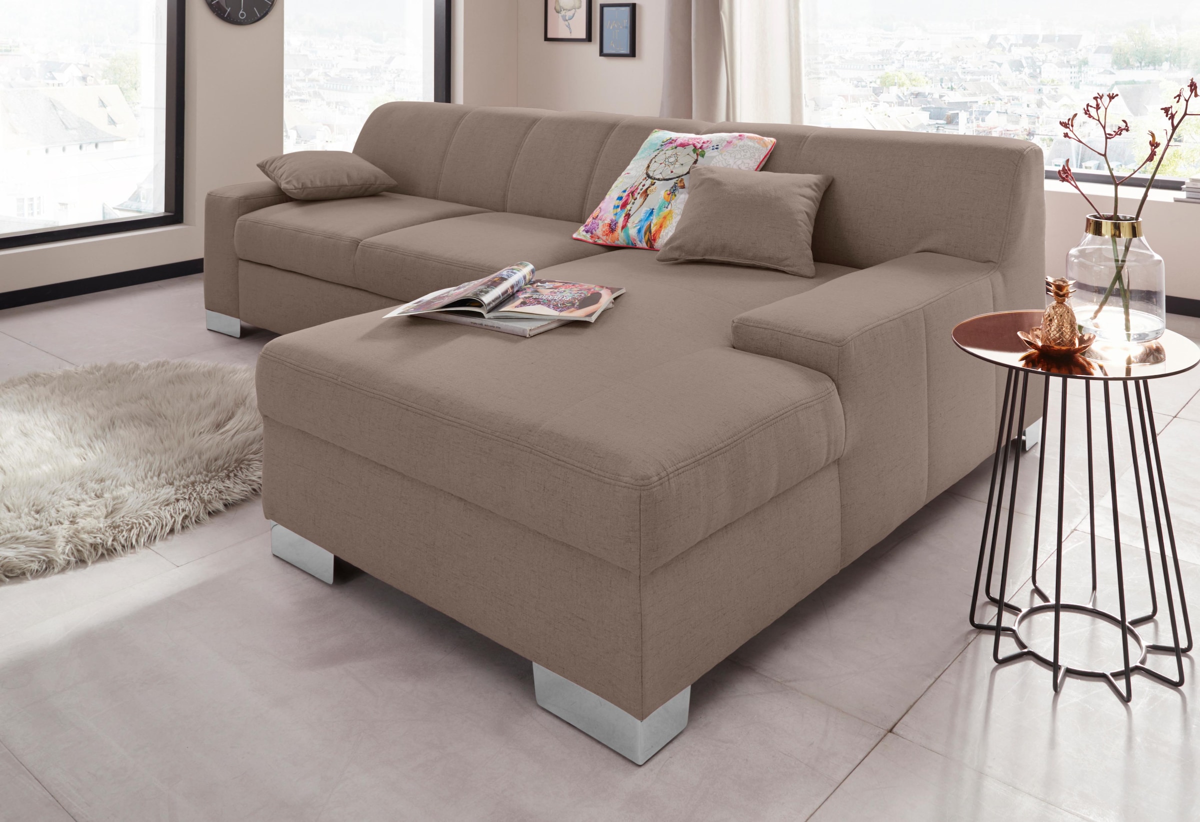 DOMO collection Ecksofa »Bero, elegant und zeitlos, flache Armlehnen, L-Form«, fester Sitzkomfort, wahlweise mit Bettfunktion