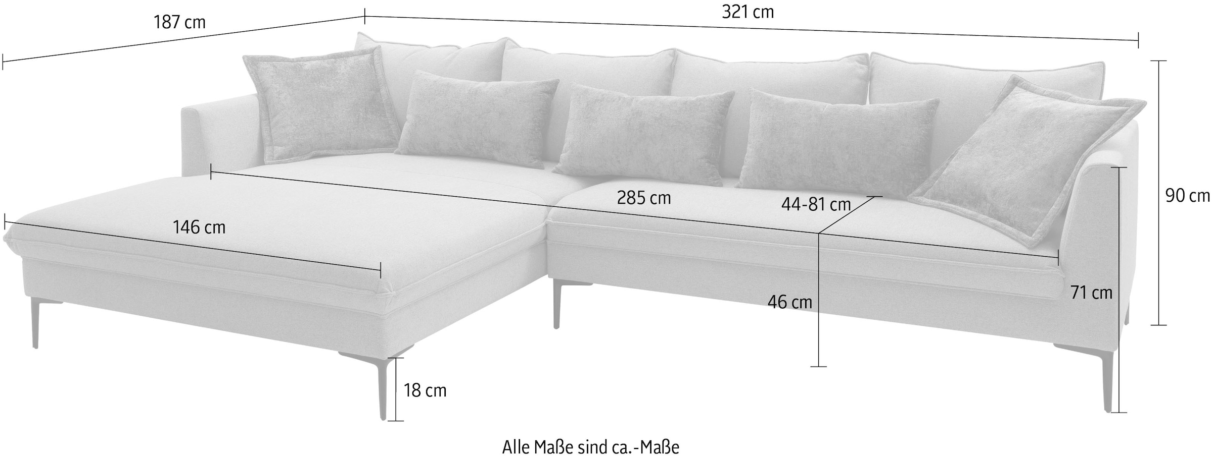 exxpo - sofa fashion Ecksofa »Piazza, elegant und edel, Designsofa mit tollem Sitzkomfort,«, (2 St.), Longchair Ecke in hochwertiger Verarbeitung, Stellmaße 321x187cm