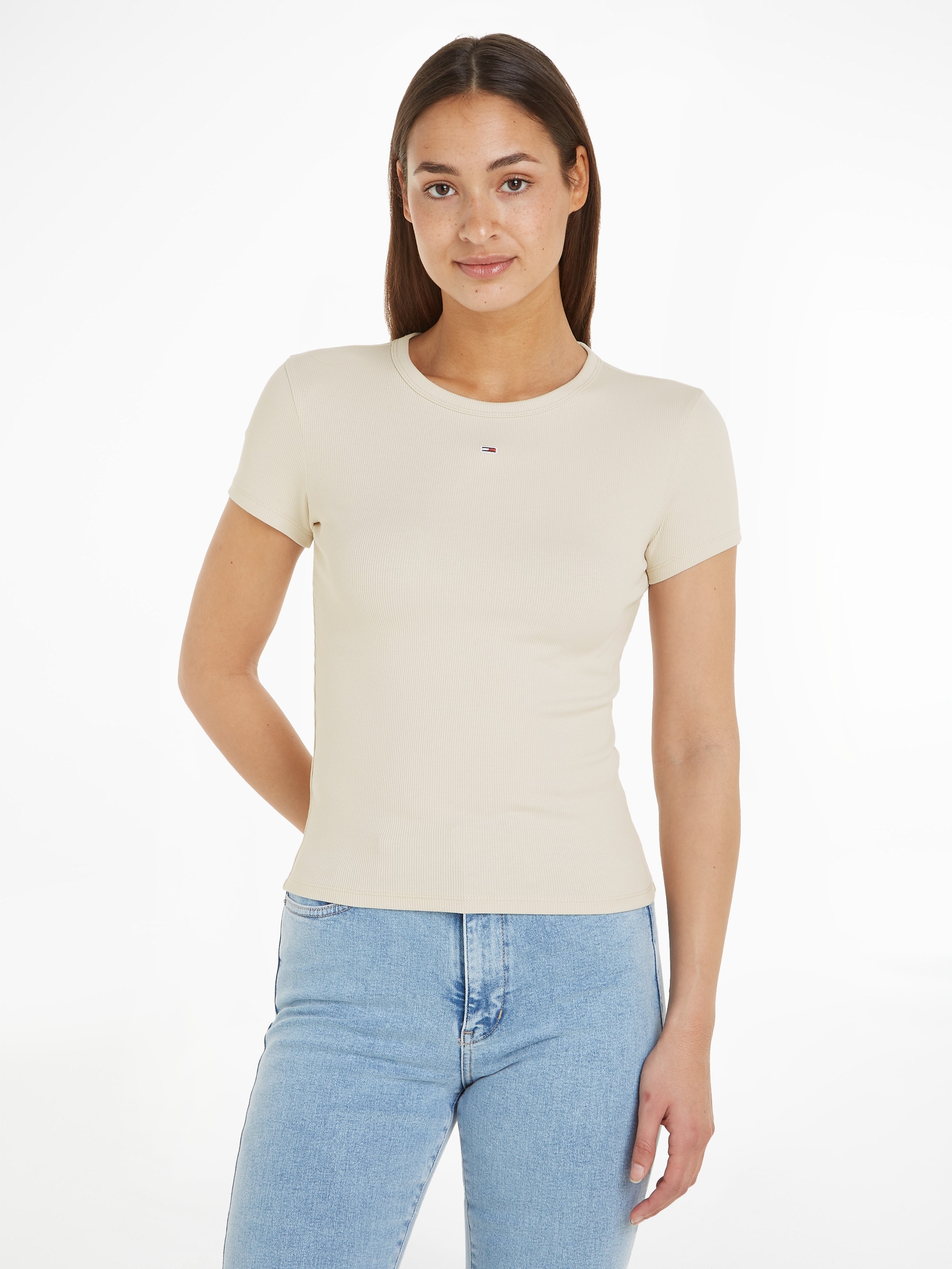 Tommy Jeans Kurzarmshirt »TJW ESSENTIAL RIB SHORT SLEEVE EXT« Baumwollmischung in gerippter Struktur, Slim Fit