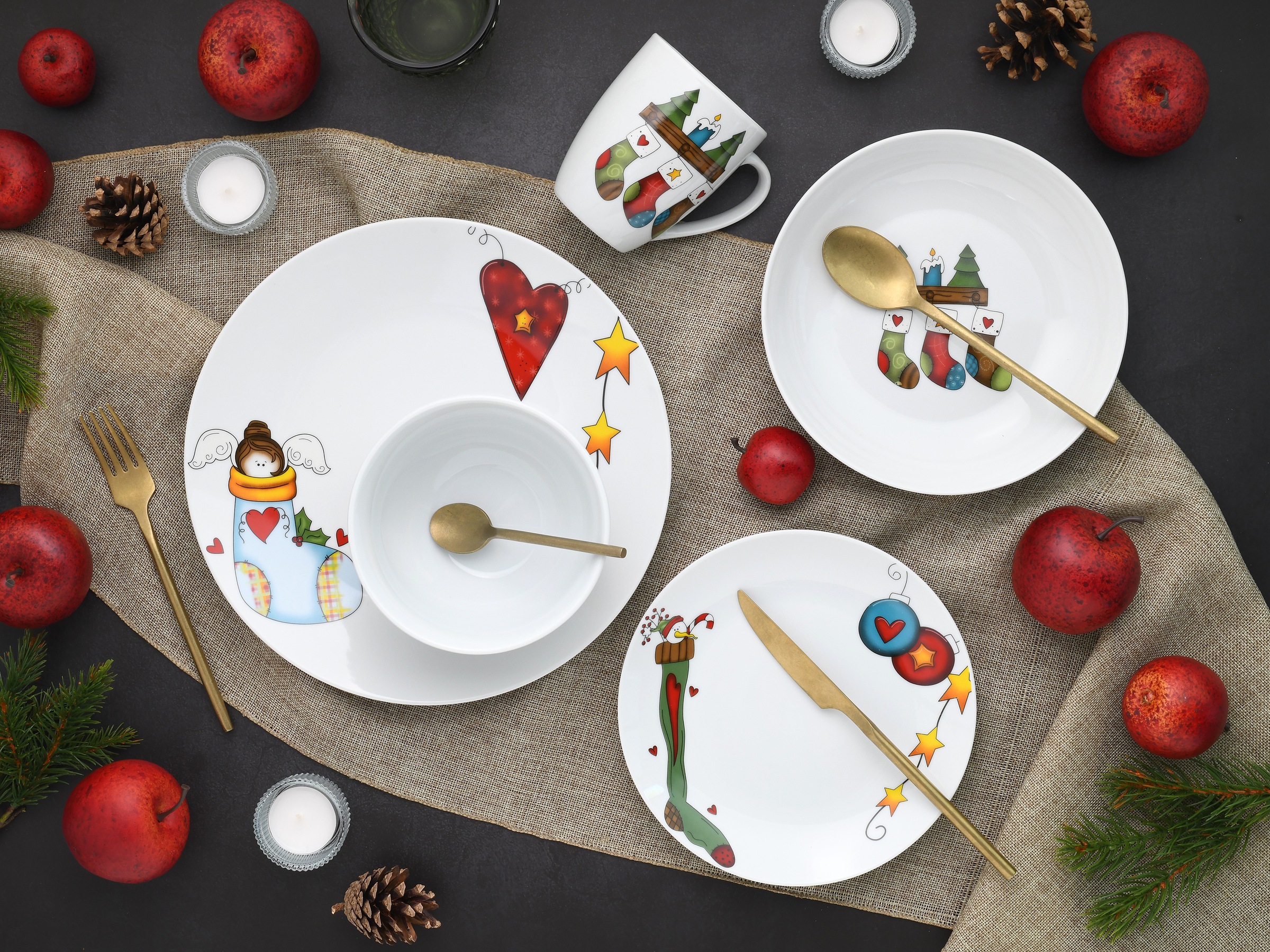 CreaTable Kombiservice »Luna Socken, Kombi-Service 30-tlg«, (Set, 30 tlg.), Winterlicher Dekor mit lustigen Sockenmotiven