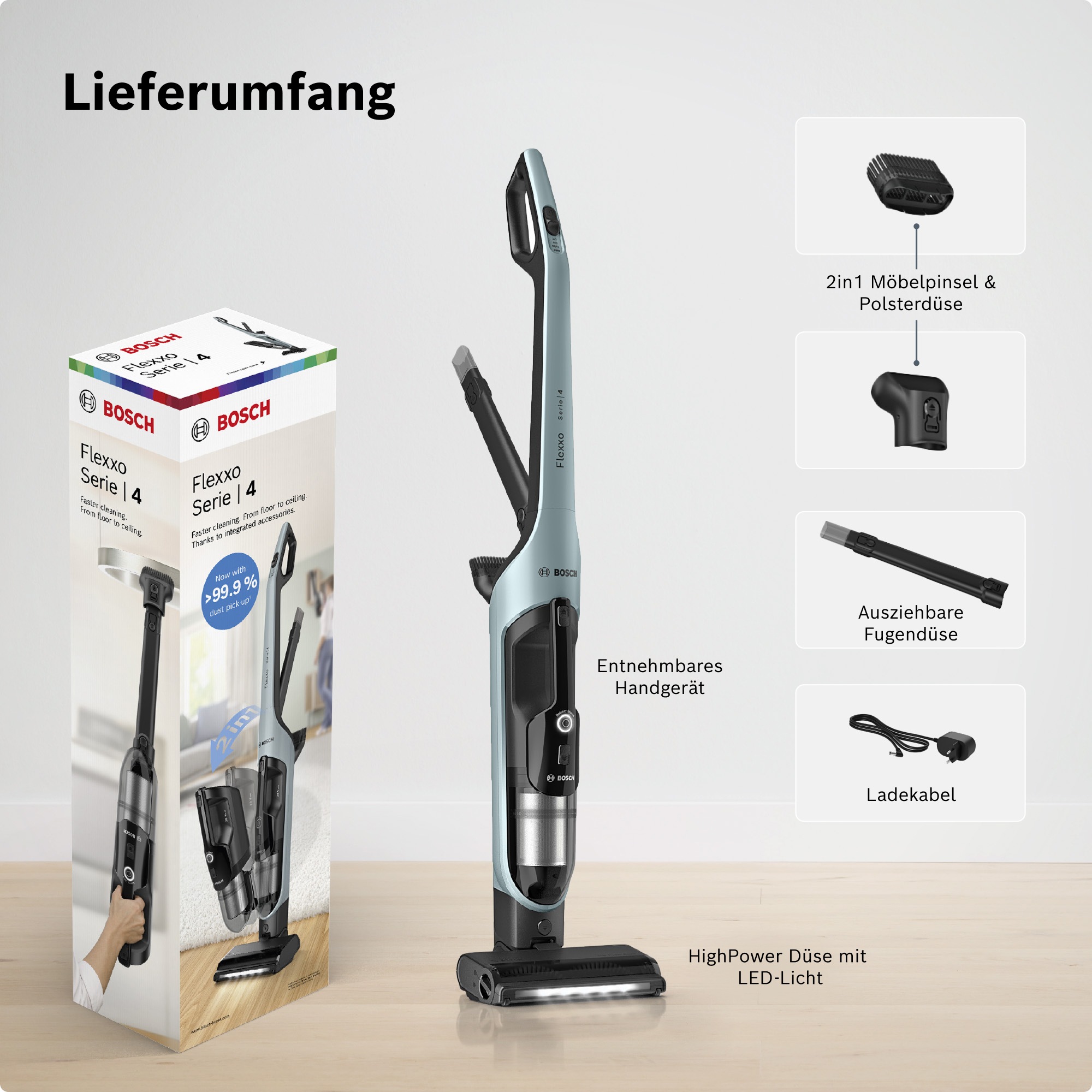 BOSCH Akku-Stielstaubsauger »Flexxo Serie 4 BCH4FM28/BCH4SM28, 2in1 Akku-Staubsauger, freistehend« kabellos, integriertes Zubehör, beutellos, 60 Min. Laufzeit