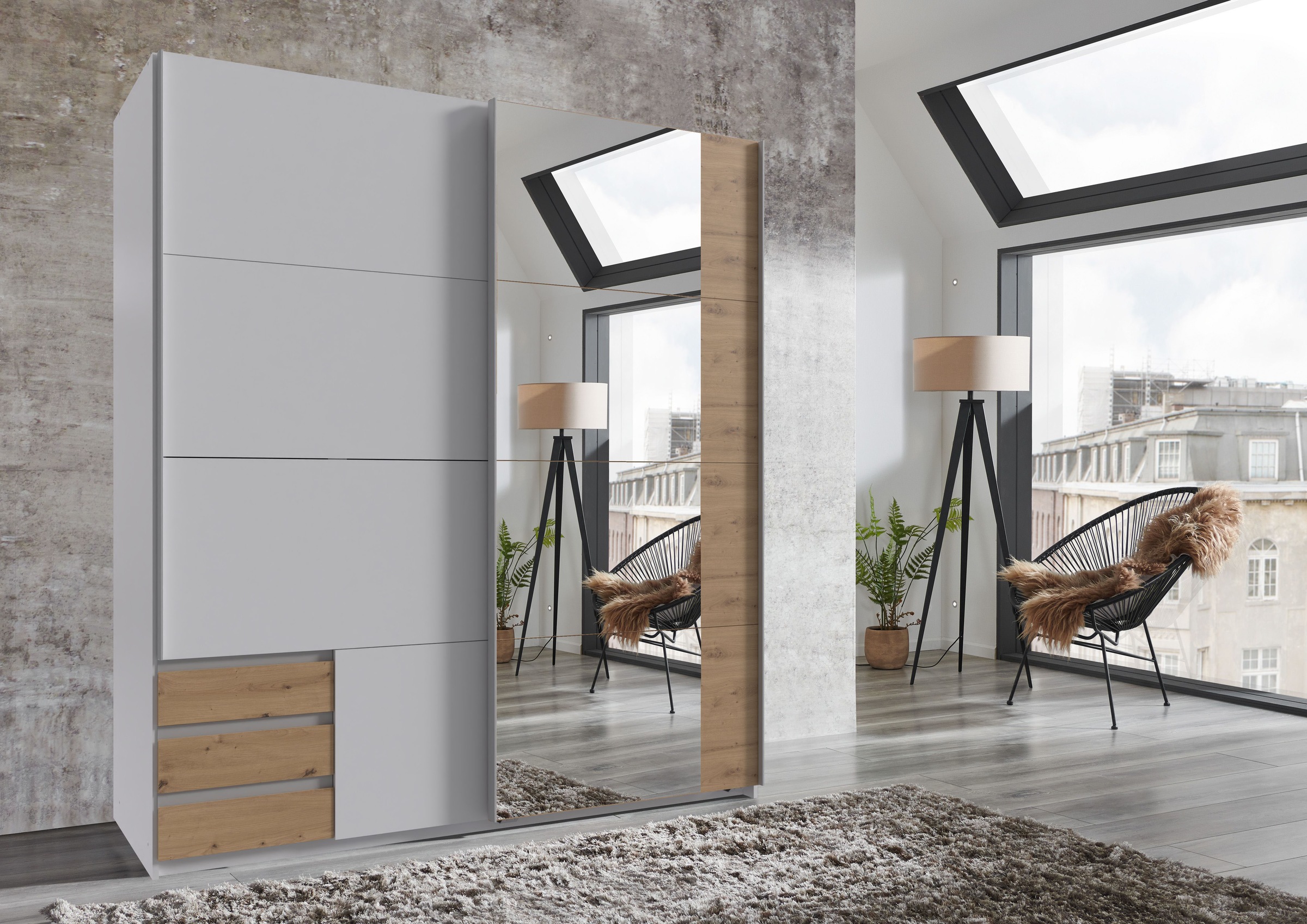 Wimex Schwebetürenschrank »Emden moderner Kleiderschrank mit Spiegel und Schubladen BESTSELLER«, Schlafzimmer Schrank Garderobenschrank mit Schwebetüren Topseller