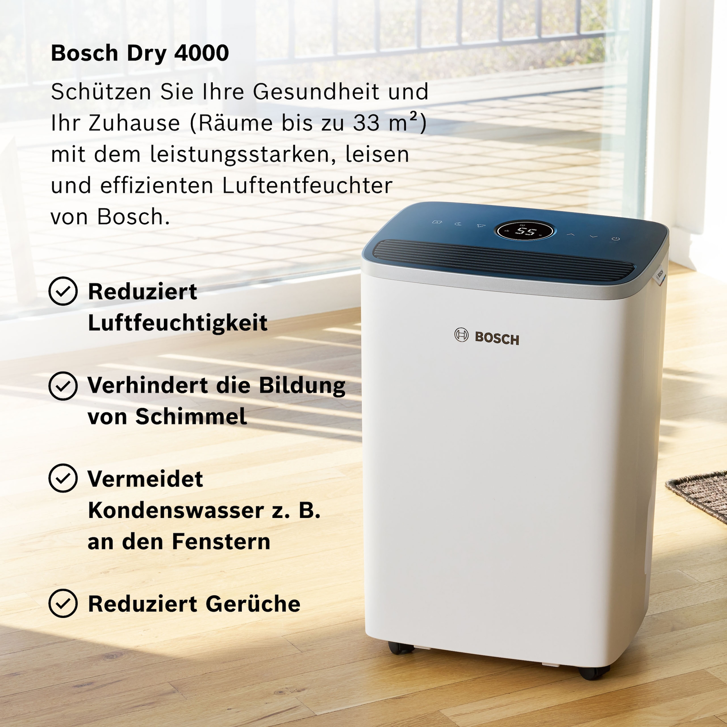 BOSCH Luftentfeuchter »Dry 4000 - Ideal für die Wohnung & schnelle Trocknung der Wäsche« Entfeuchtung 16 l/Tag Tank 2,5 l Ultra-leiser Betrieb; nur 38 dB(A)