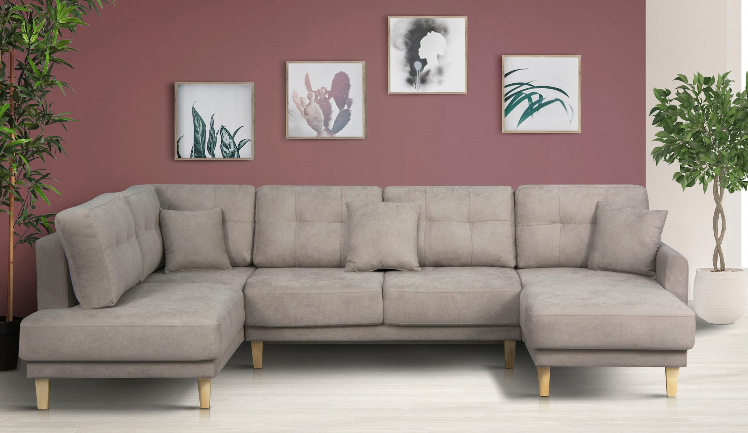 Home affaire Wohnlandschaft »TRIPLO U-Form wahlweise mit Schlaffunktion, B/T/H: 310/192/90 cm«, Schlafsofa, auch mit Bettkasten, Steppung im Rückenkissen