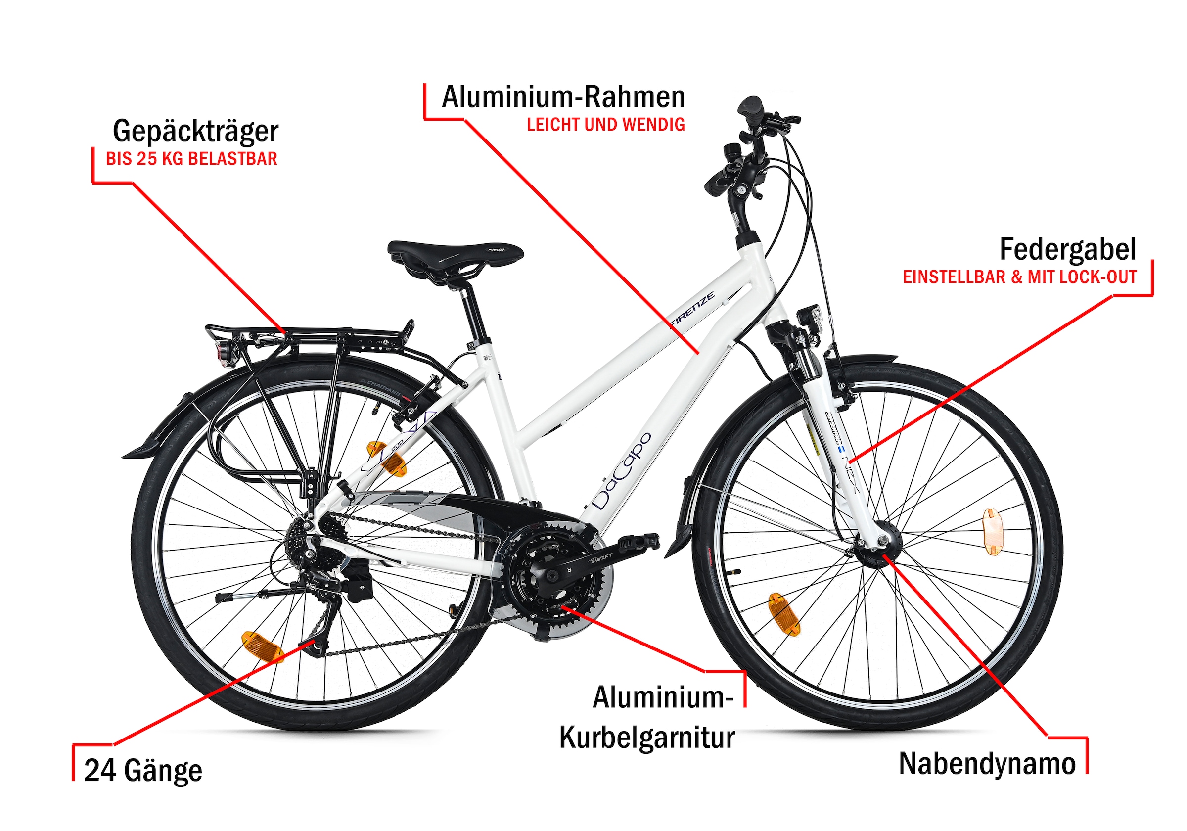 Dacapo Trekkingrad »Firenze 200 Weiß 24 Gänge RH 48 cm V-Brakes« 24 Gang Shimano Acera Schaltwerk Kettenschaltung