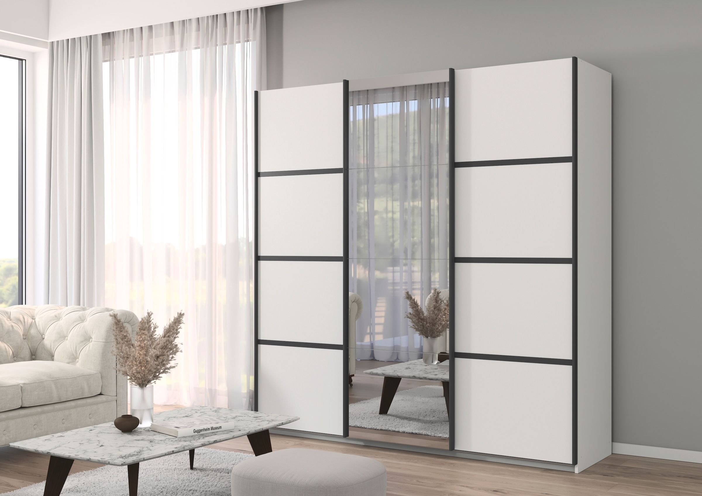 rauch Kleiderschrank »Schwebetürenschrank OTTO´s Choice Garderobe Schrank TOP ANGEBOT Avola«, (in 3 verschiedenen Ausstattungen BASIC/CLASSIC/PREMIUM inkl. Spiegel), mit eleganten Zierleisten in Chrom, Schwarz oder Weiß MADE IN GERMANY