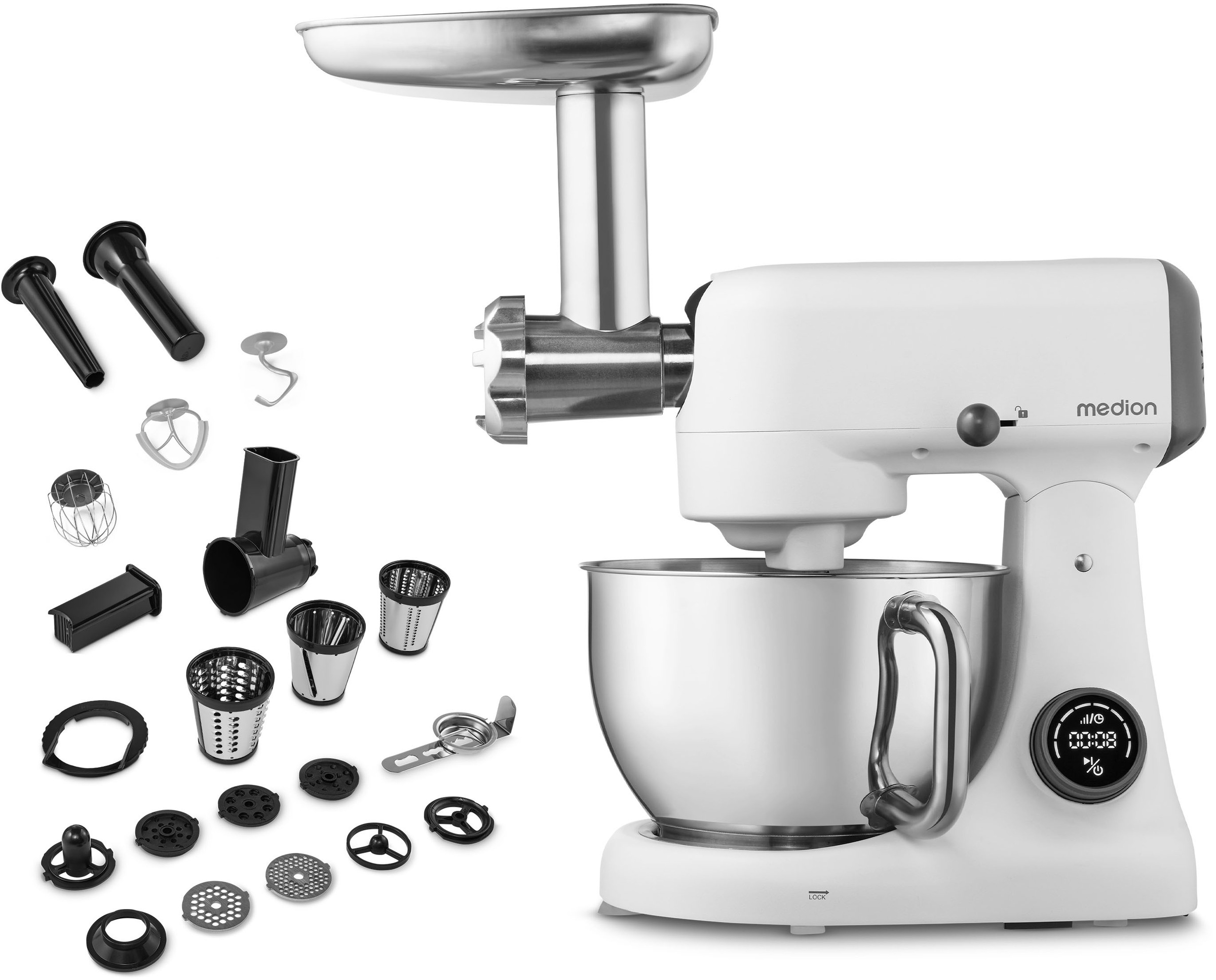 Medion® Küchenmaschine »MD 12600, 8 Geschwindigkeitsstufen, Impulsfunktion, DC-Motor, 4,6 L«, Mit umfangreichem Zubehör-Set, Fleischwolf-Aufsatz, Gemüsereibe