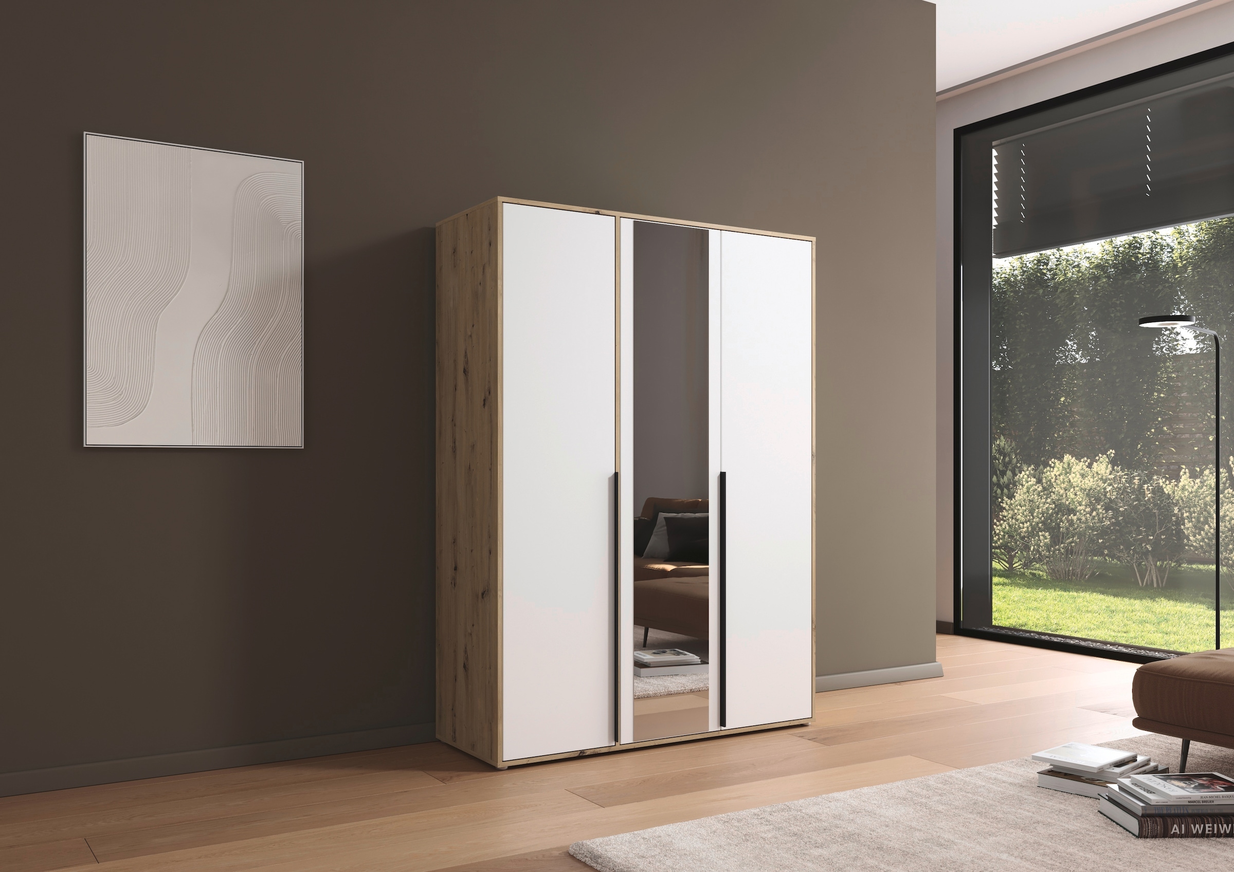 rauch Drehtürenschrank »Kleiderschrank Schrank Garderobe Wäscheschrank NAGATA mit Spiegel«, (in 3 verschiedenen Ausstattungen BASIC/CLASSIC/PREMIUM), und modernen Stangengriffen in Graumetallic TOPSELLER MADE IN GERMANY