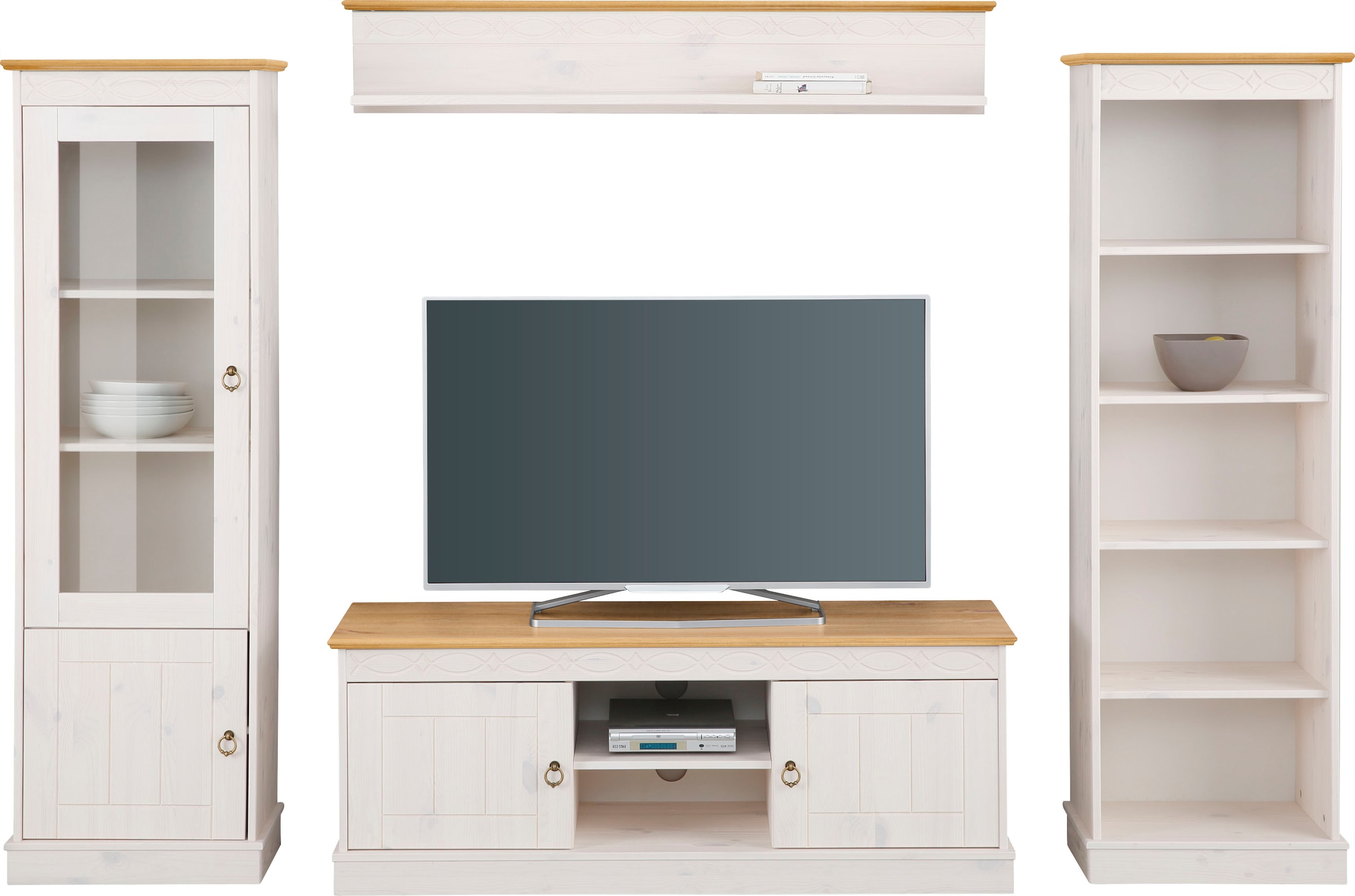 Home affaire Wohnwand »Indra«, (Set, 4 St.), 4-teiliges Set: Vitrine, Lowboard, Wand- & Standregal, Kiefer massiv