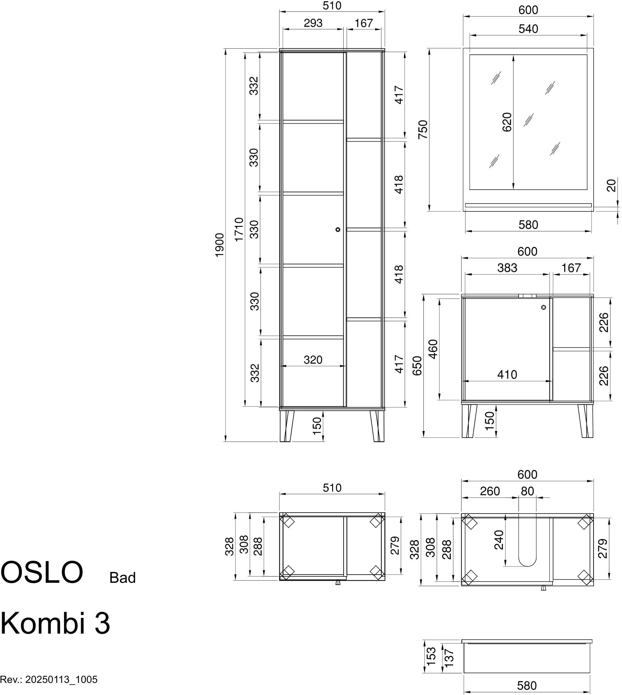 INOSIGN Badmöbel-Set »OSLO, Bad im skandinavischen Design«, (Set, 3 St.), Badschränke und Spiegel, in zwei Farben verfügbar, viel Stauraum