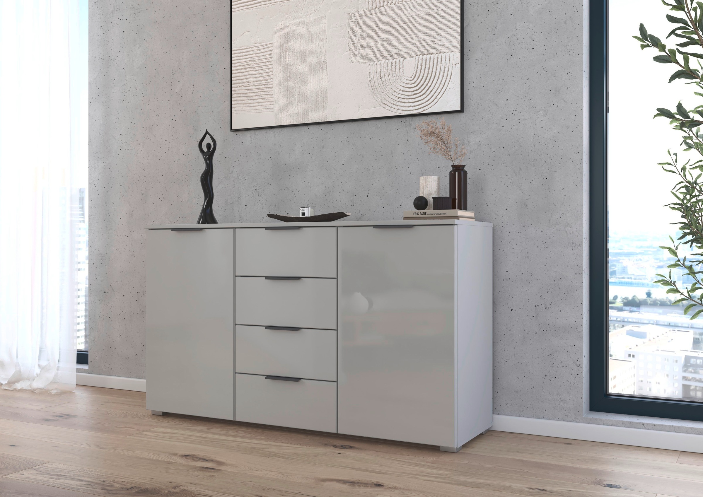 rauch Kombikommode »Sideboard Kombikommode Schubladenkommode AGORDO mit Glasfront«, (in zwei Griff-Farben), mit 4 Schubkästen und 2 Türen sowie Metallgriffen MADE IN GERMANY