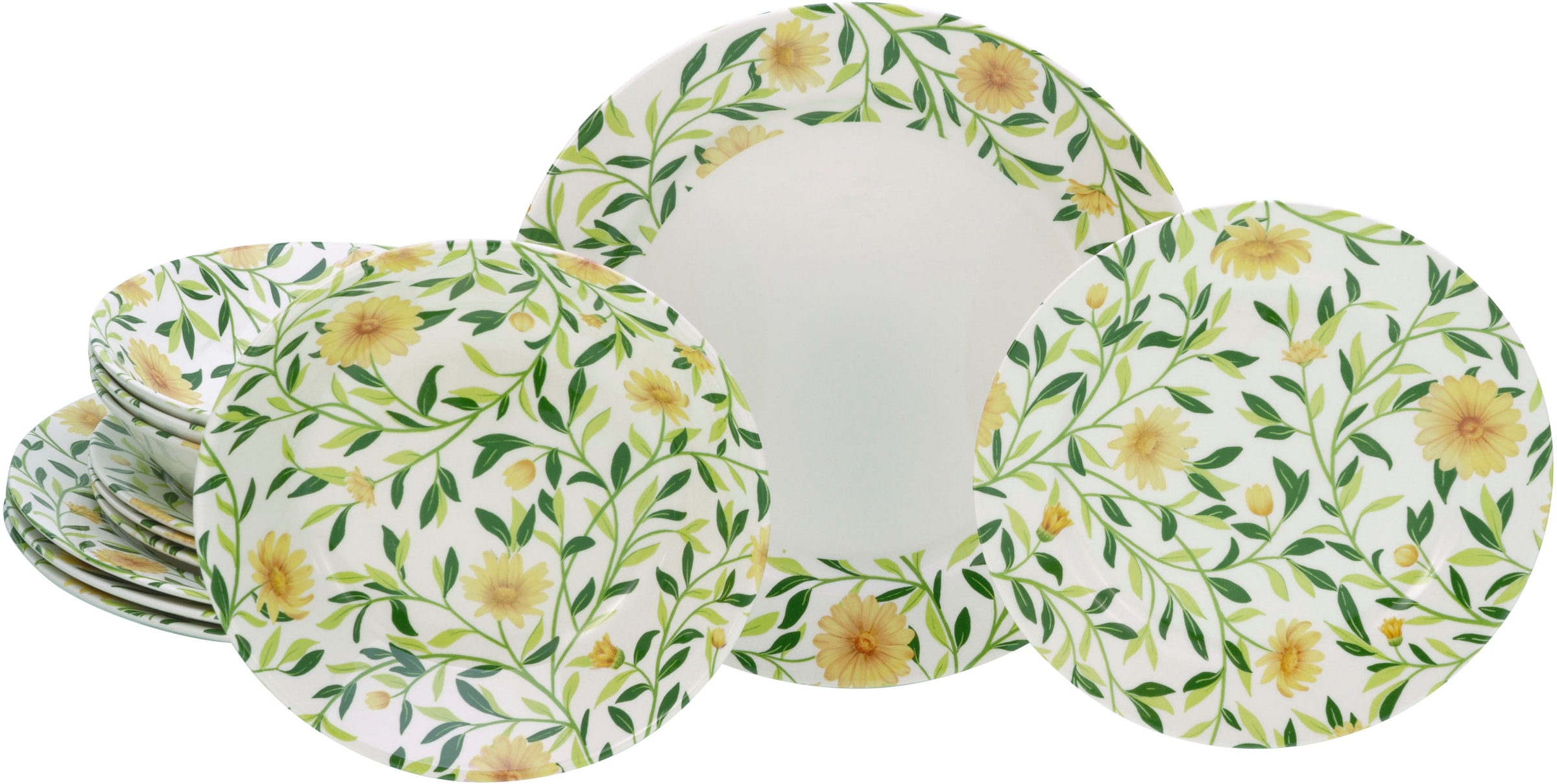 CreaTable Teller-Set »Amarilla, Tellerset 12-tlg« Blumendekor, Blättermotiv günstig online kaufen