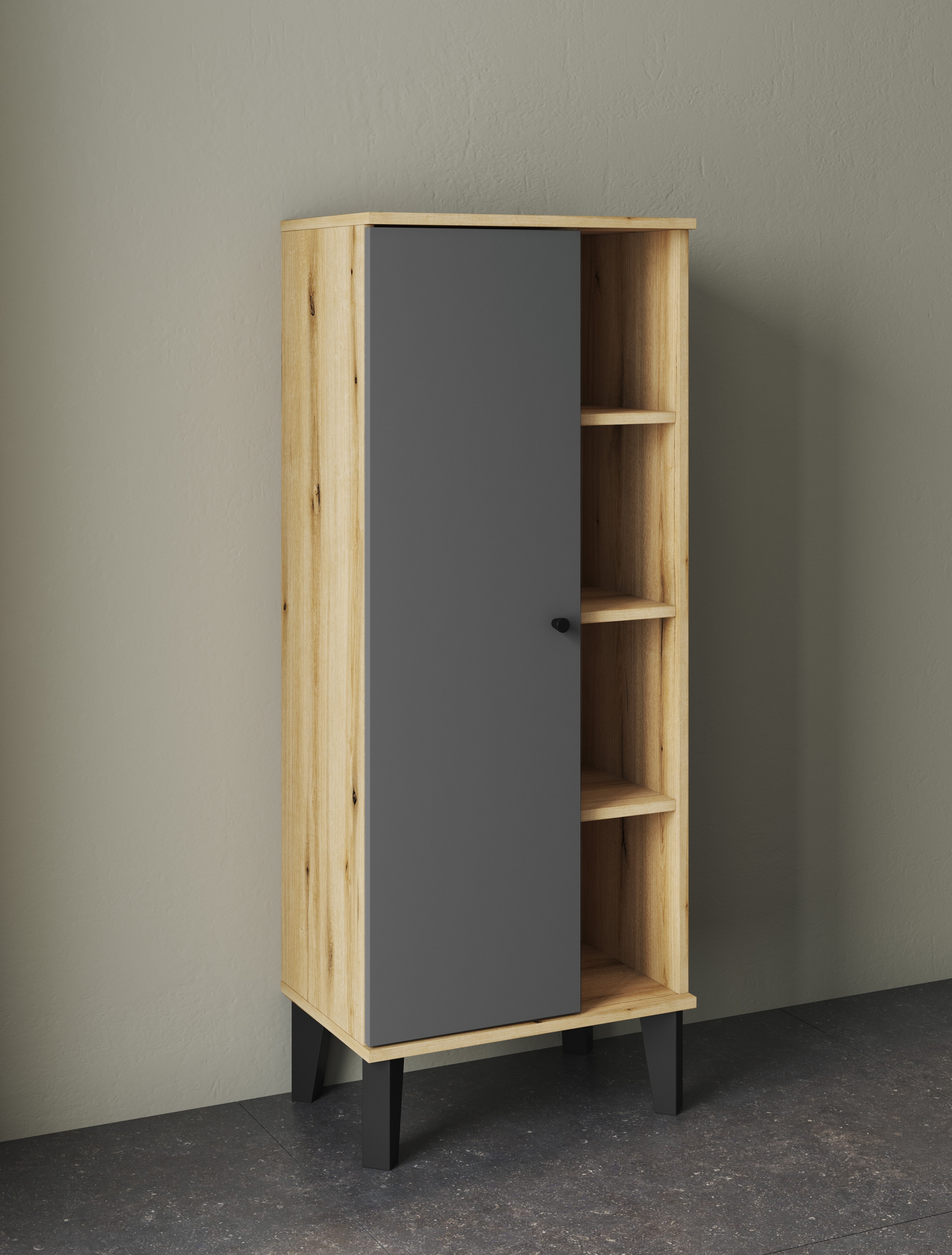 INOSIGN Stauraumschrank »Oslo, Badschrank mit Knopfgriff, Hochschrank im skandinavischen Design«, in der Türfarbe Weiß oder Grau verfügbar, ausreichend Stauraum