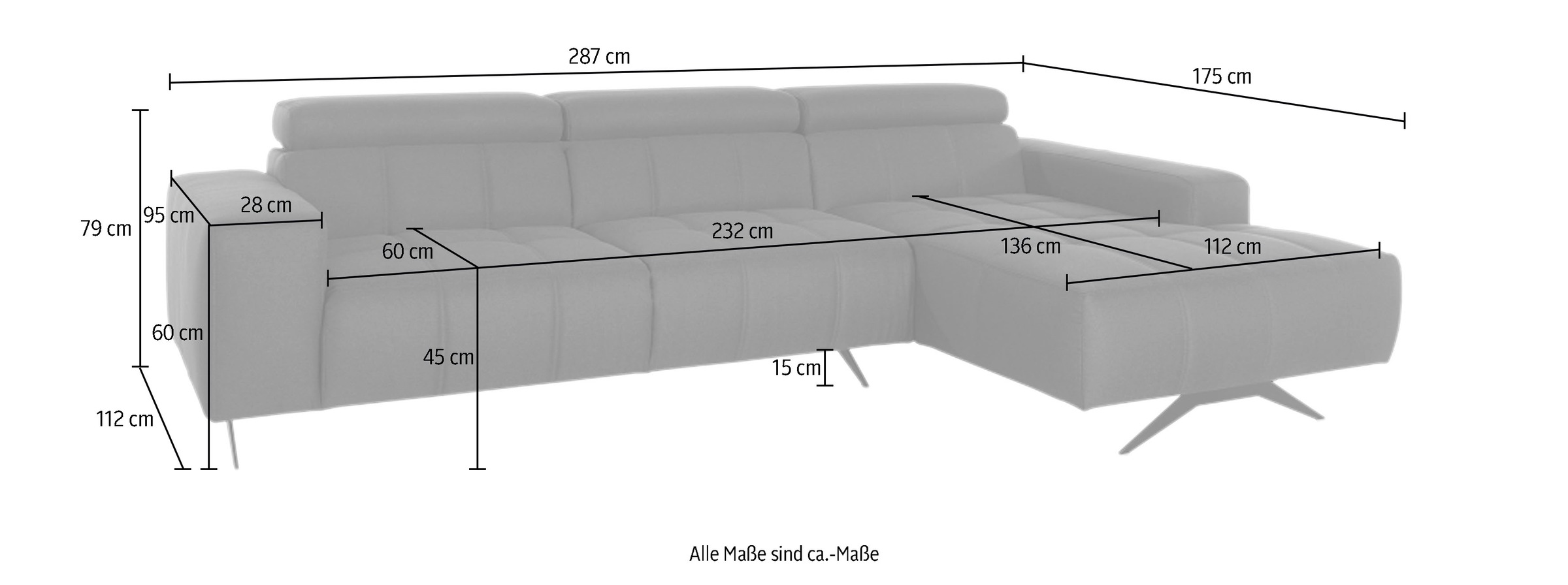 DOMO collection Ecksofa »Trento L-Form, mit Kufenfuß oder Einzelfuß«, wahlweise mit Kopfteilverstellung, Recamiere links/rechts bestellbar