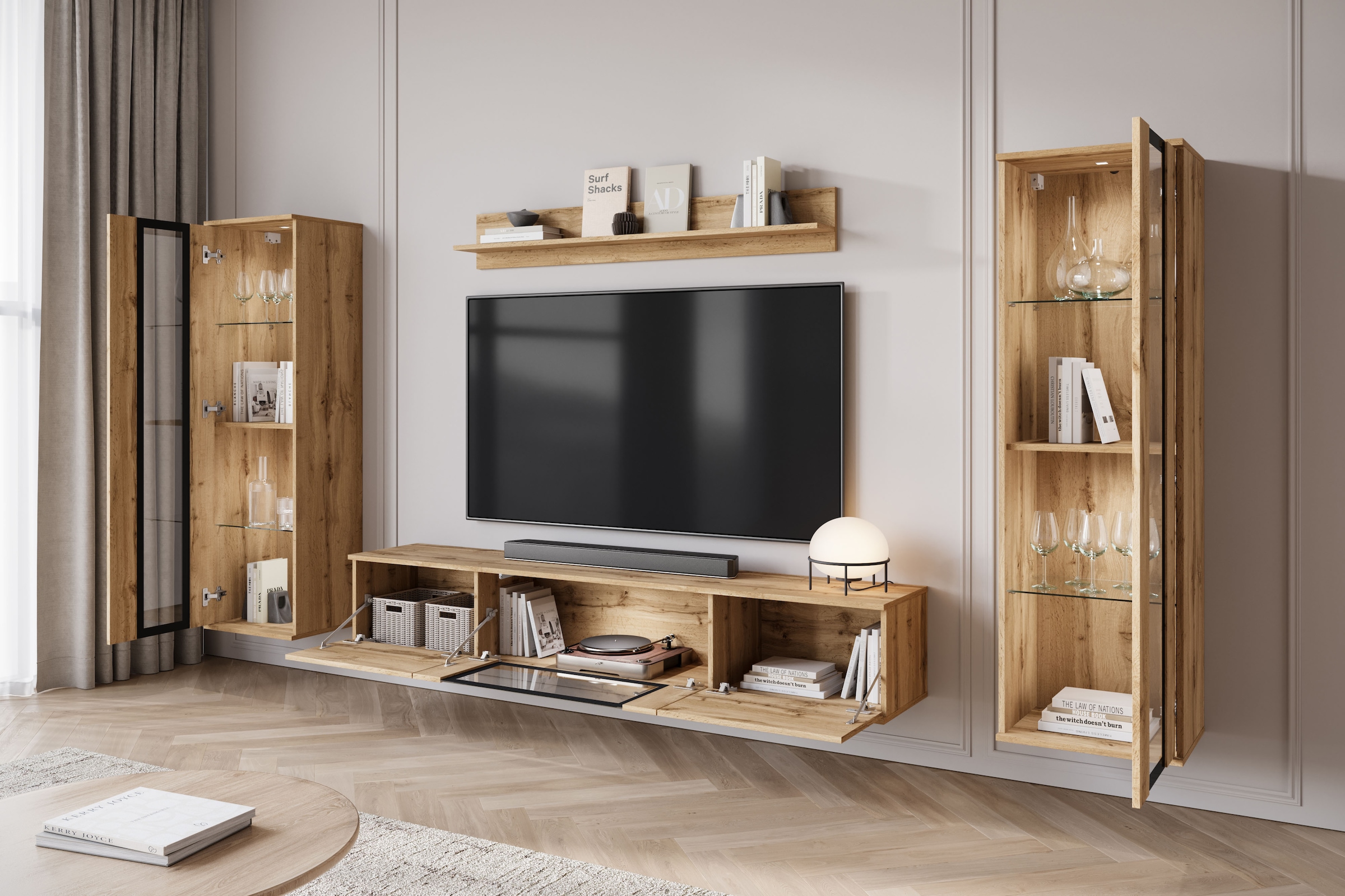 INOSIGN Wohnwand »Caro, stehend und hängend montierbar«, (Komplett-Set, 4 St., Vitrine Türanschlag links/rechts wechselbar), grifflose Design, höhenverstellbare Einlegeböden