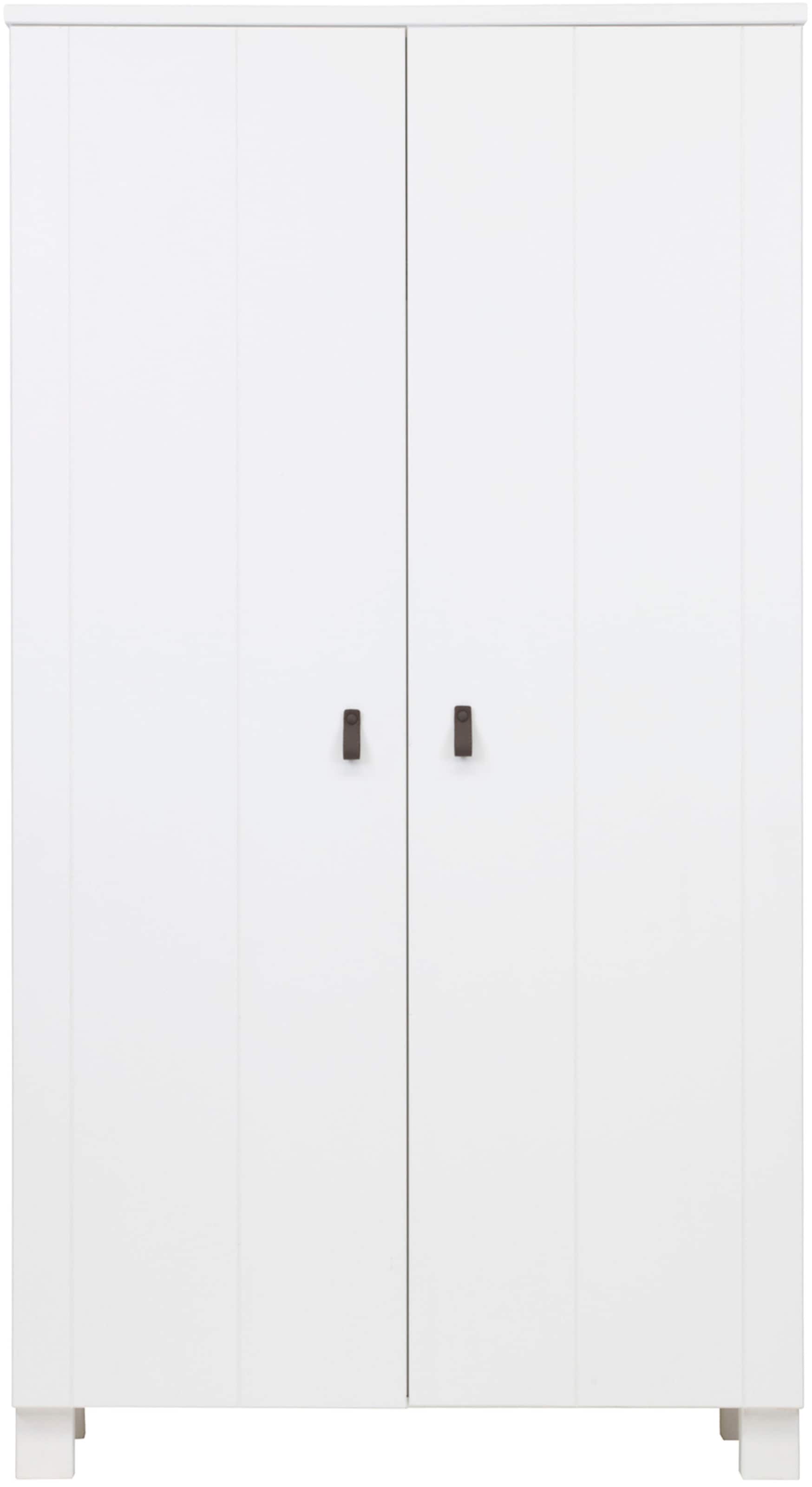 WOOOD Garderobenschrank »Ties FSC®-Kiefernholz gebürstet mit Ledergriffen, H202 x B111 x T55 cm« V-Nuten-Türen, Tragkraft 10 kg pro Einlegeboden, Melamininterieur