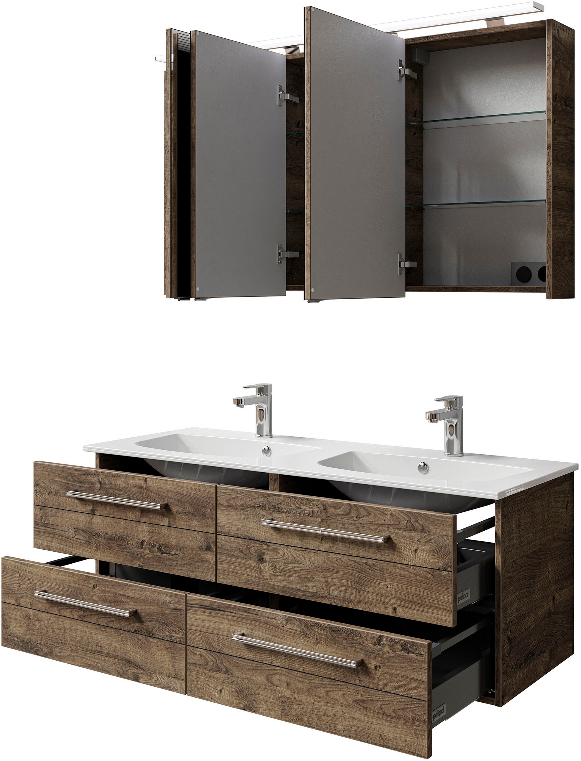 Saphir Badmöbel-Set »Serie 6025 2-teilig Mineralmarmor-Waschtisch mit LED-Spiegelschrank«, (2 St.), Waschplatz 132cm breit, 4 Schubladen, 2 Spiegel-Türen, inkl Türdämpfer
