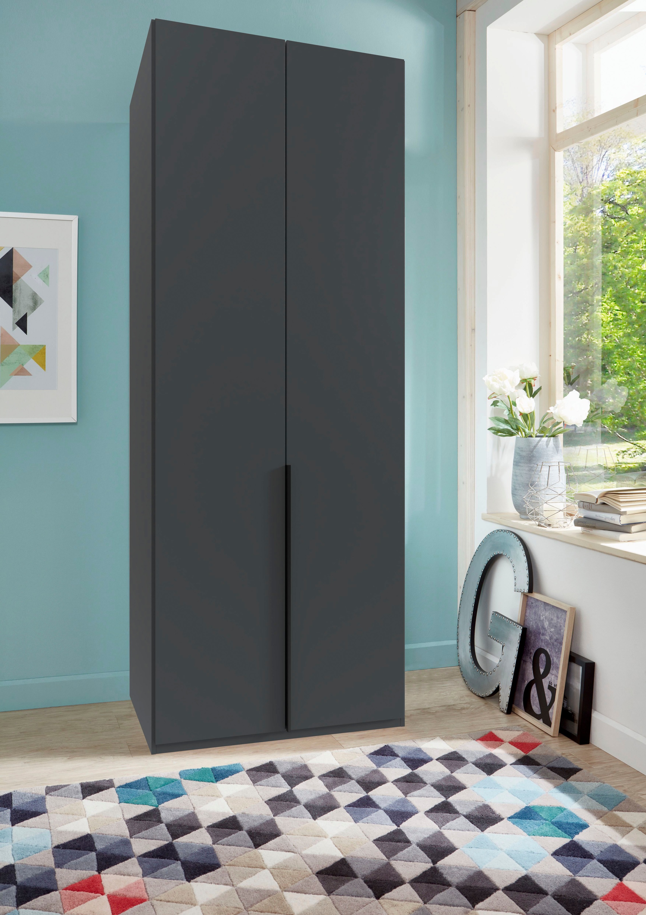 Wimex Kleiderschrank »Mugano, in 5 Breiten und 2 Höhen, Made in Germany«, (in Basic oder Premium Ausstattung mit 2 weiteren Einlegeböden), mit langen Griffstangen aus Metall, wahlweise mit oder ohne Spiegel