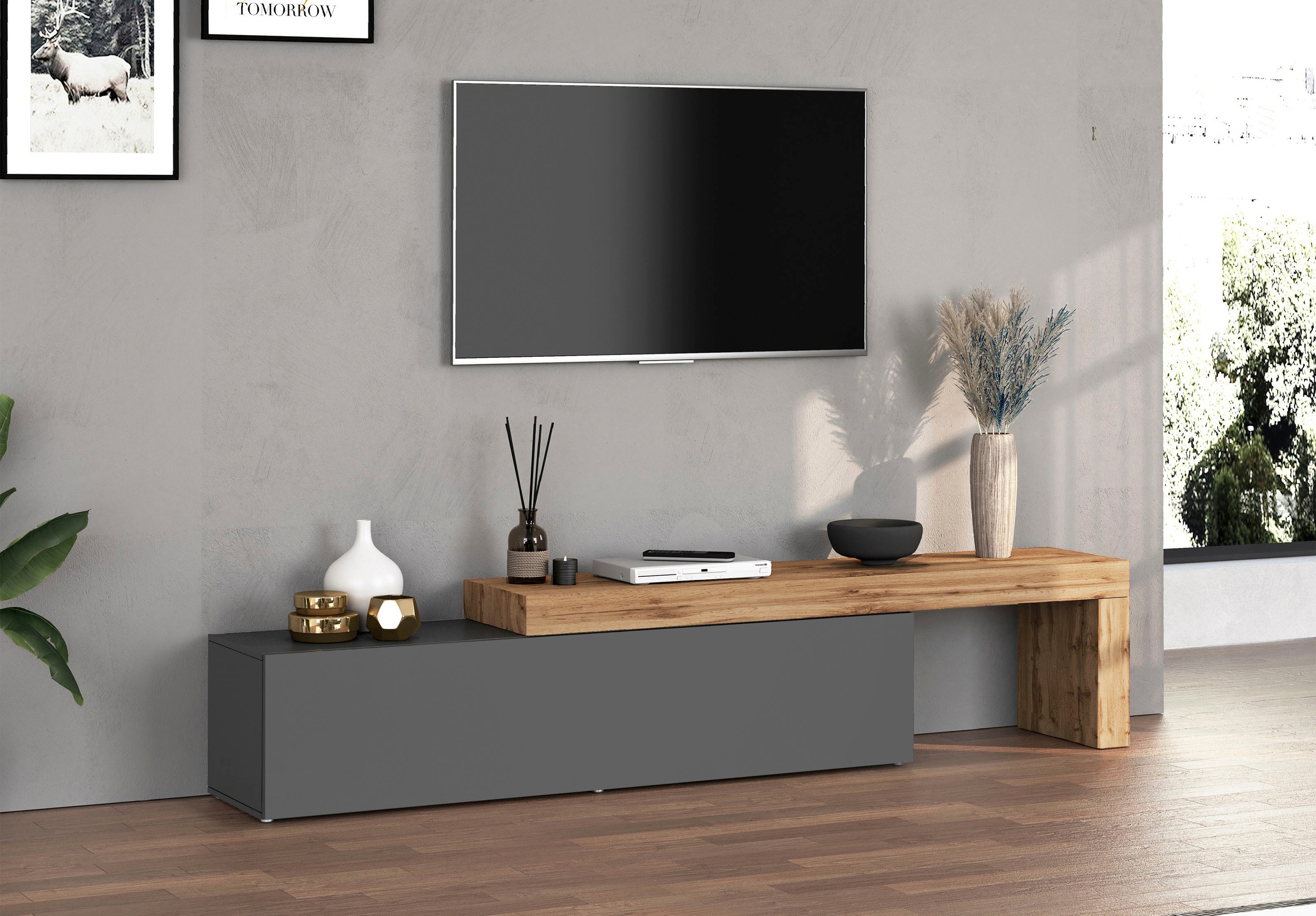 INOSIGN Lowboard »Chronos TV-Board, TV-Schrank«, (1 St., Breite verstellbar von 190 bis 350 cm), Breite 270 cm TV-Board,Lowboard,1 Klappe und ein L-Förmiger Aufsatz