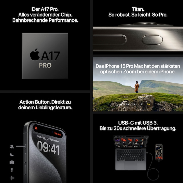 Apple Smartphone »iPhone 15 Pro 128GB«, natural titanium, 15,5 cm/6,1 Zoll, 128  GB Speicherplatz, 48 MP Kamera auf Raten bestellen