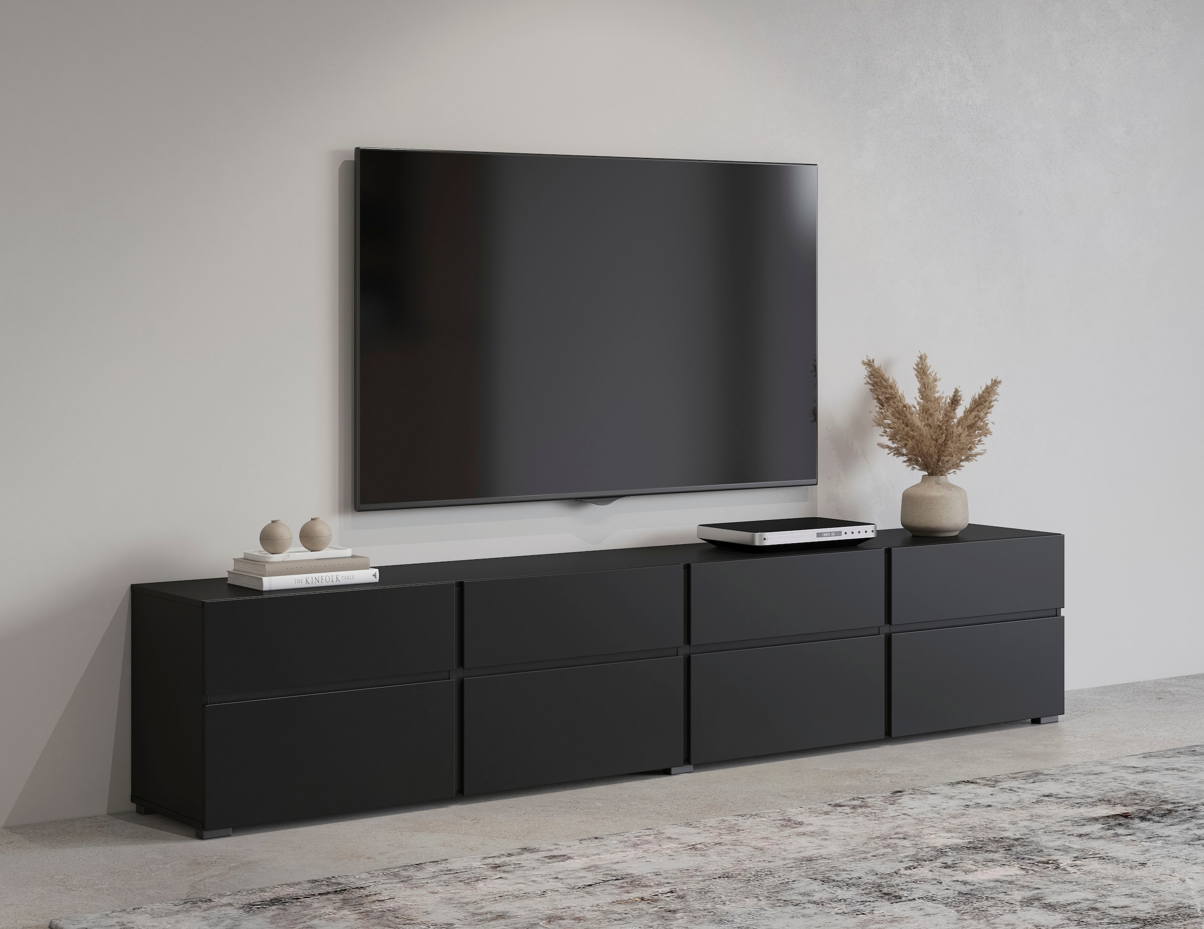 OTTO home Lowboard »Cross, moderne grifflose TV-Kommode,4 Klappen/4 Schubkästen« Breite 225 cm, TV-Schrank mit viel Stauraum, TV-Board