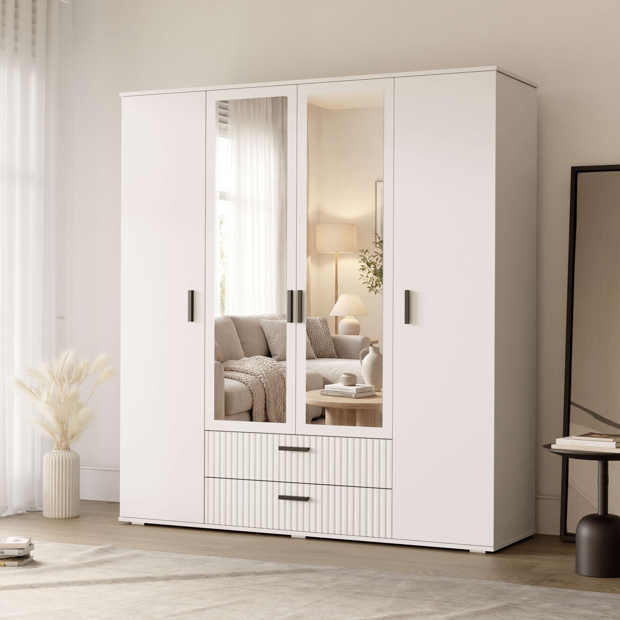 OTTO home Kleiderschrank »KOLLINE, modern mit viel Stauraum & geriffelter Struktur« H/B/T ca. 190/180/52cm,  Garderobe 4 Fächer, Kleiderstange, 2 Schubladen, 2 Spiegel