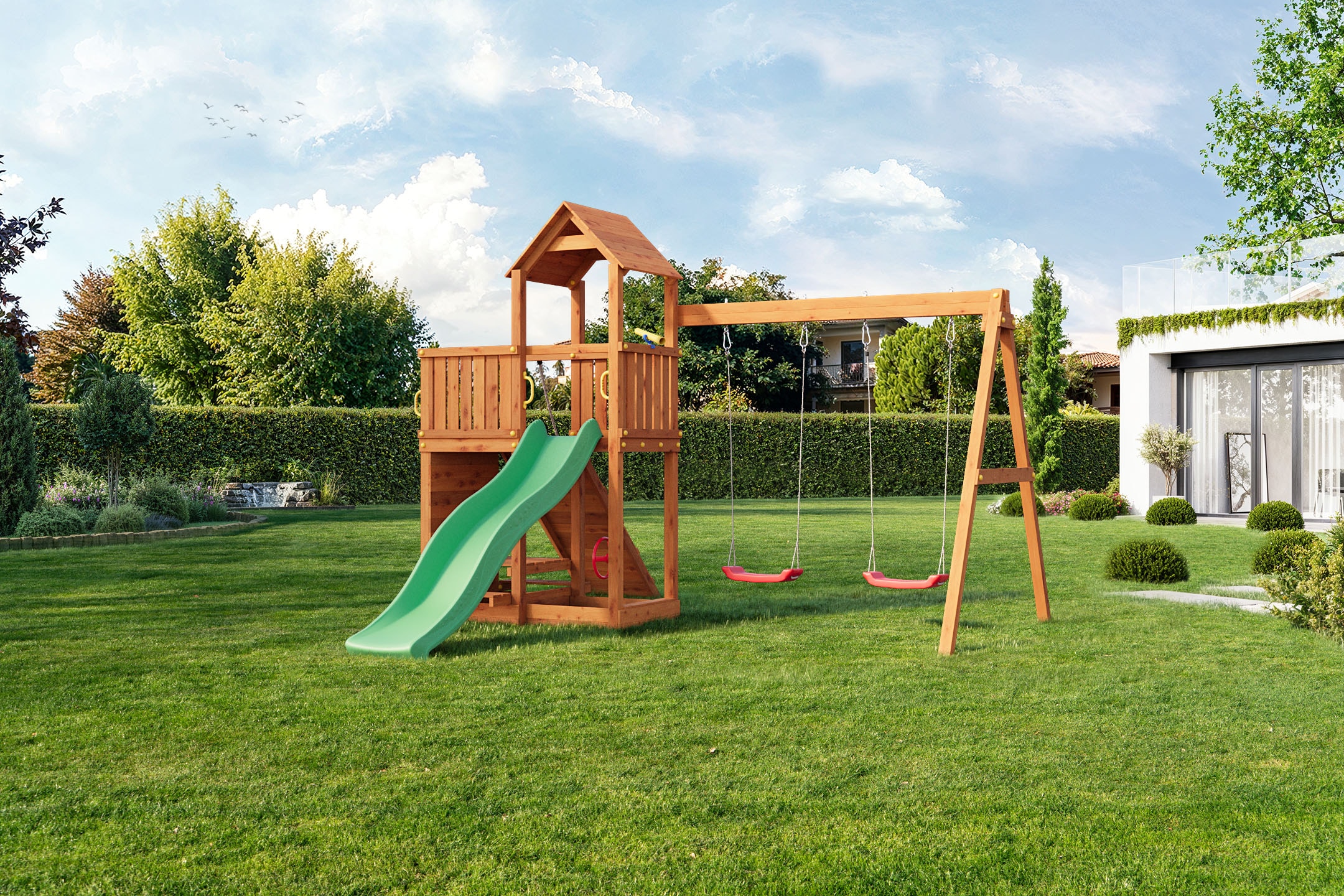 FUNGOO Spielturm »FLOPPI« mit Rutsche, Doppelschaukel, Kletterwand, Teleskop, Lenkrad