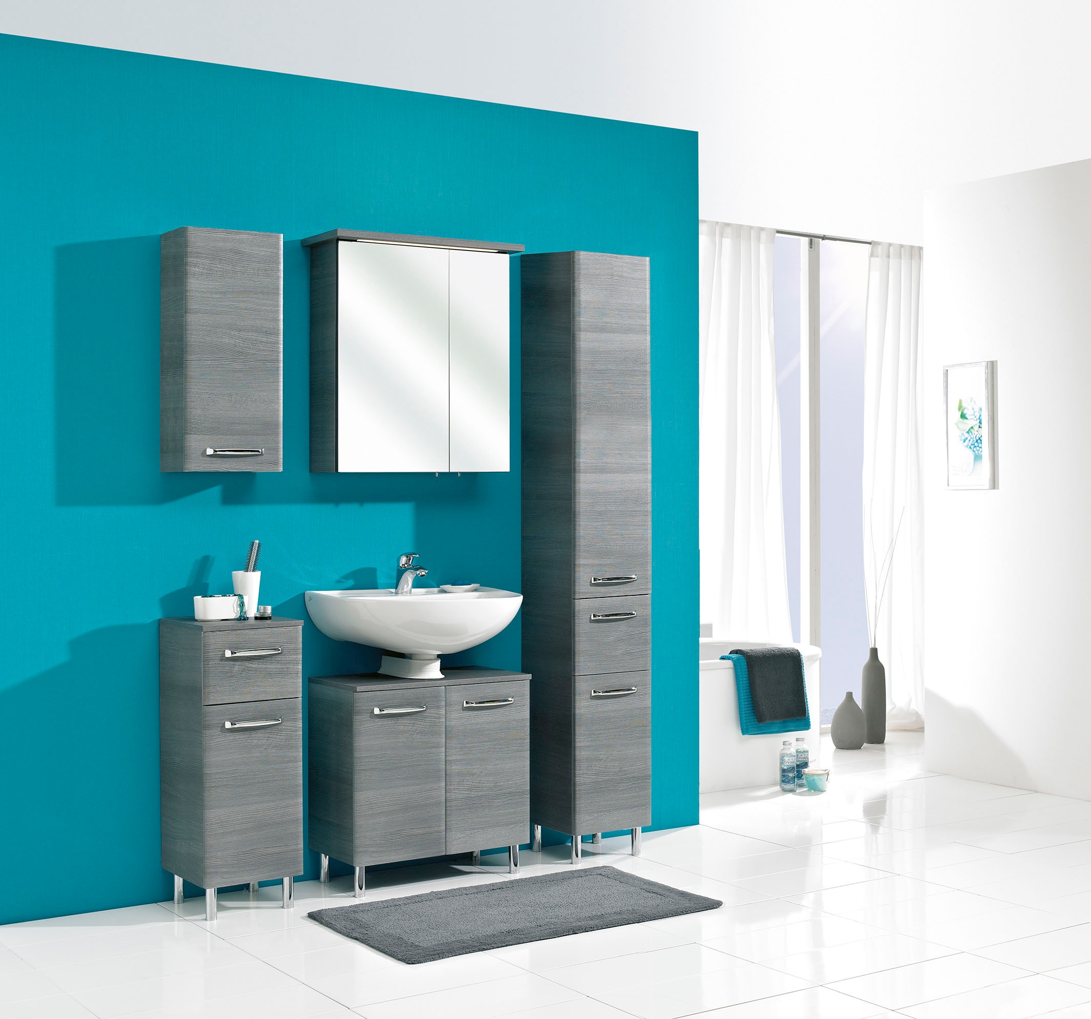 Saphir Unterschrank »Quickset Badschrank mit 1 Tür, 1 Schublade, 1 Glas-Einlegeboden« 30 cm breit, Badezimmerschrank inkl. Türdämpfer, Griffe in Chrom Glanz