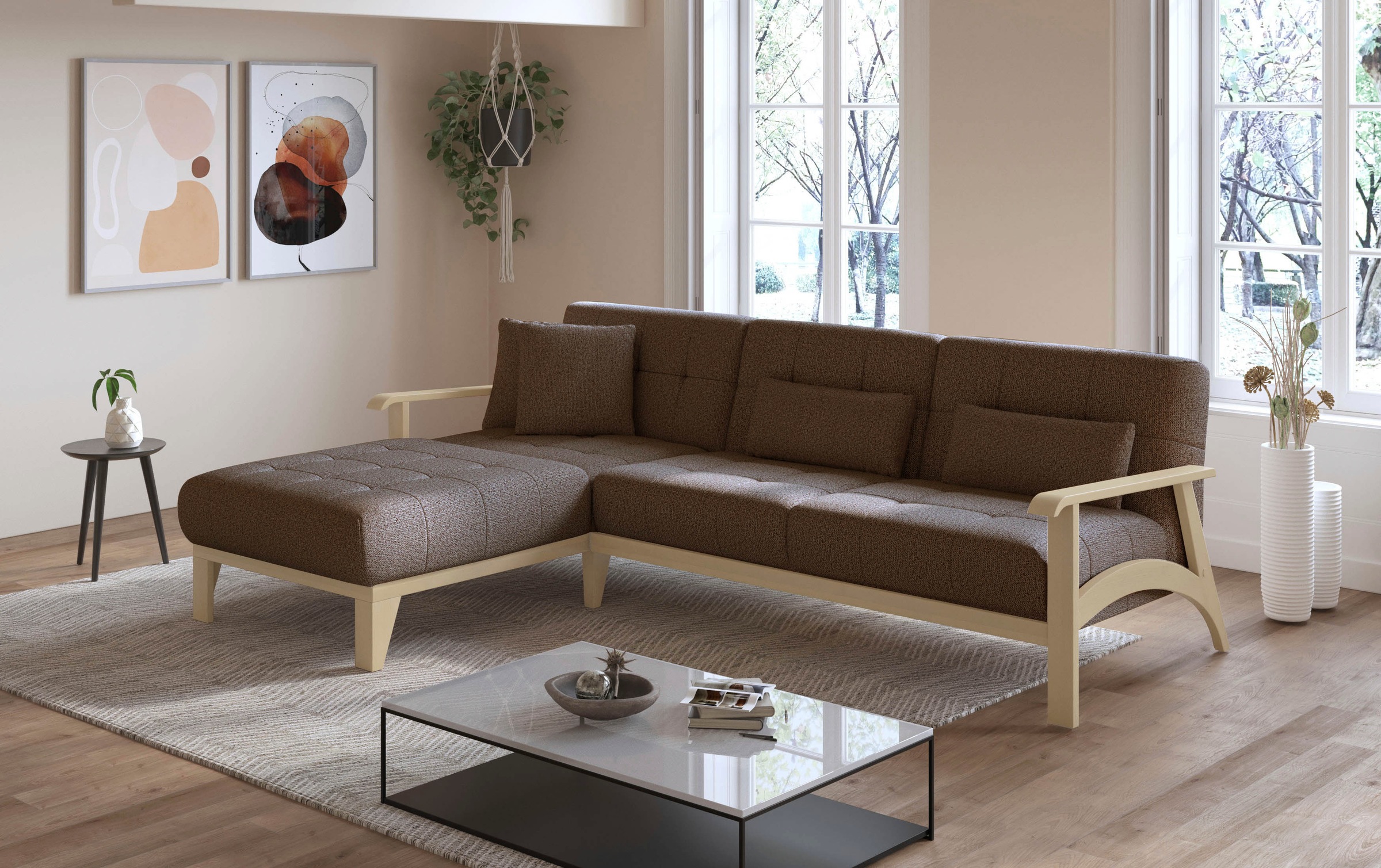 sit&more Ecksofa »Billund L-Form«, Armlehnen aus Buchenholz in natur, verschiedene Bezüge und Farben