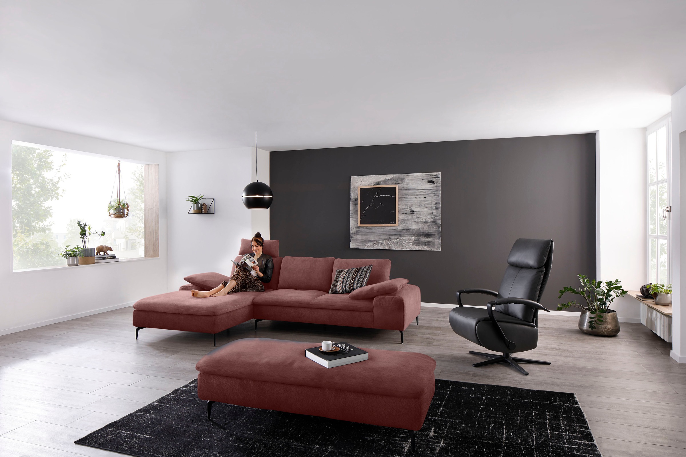 W.SCHILLIG Ecksofa »valentinoo, Designsofa, bequem, elegant und zeitlos, L-Form«, (Set), inklusive Hocker, mit Sitztiefenverstellung, Breite 299 cm